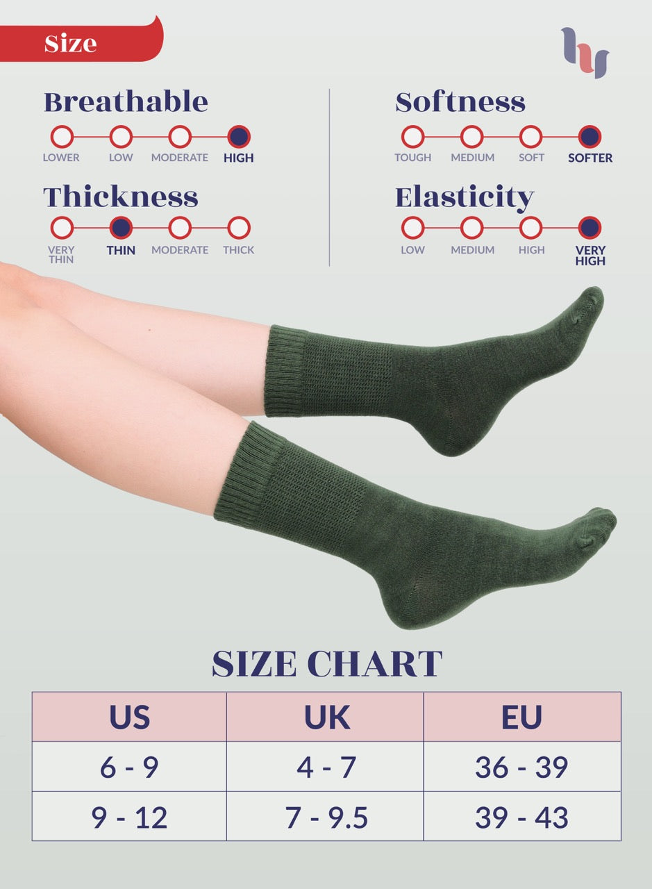 Women's Bamboo Diabetic Crew Thin Socks, 4 Pairs | Army Green