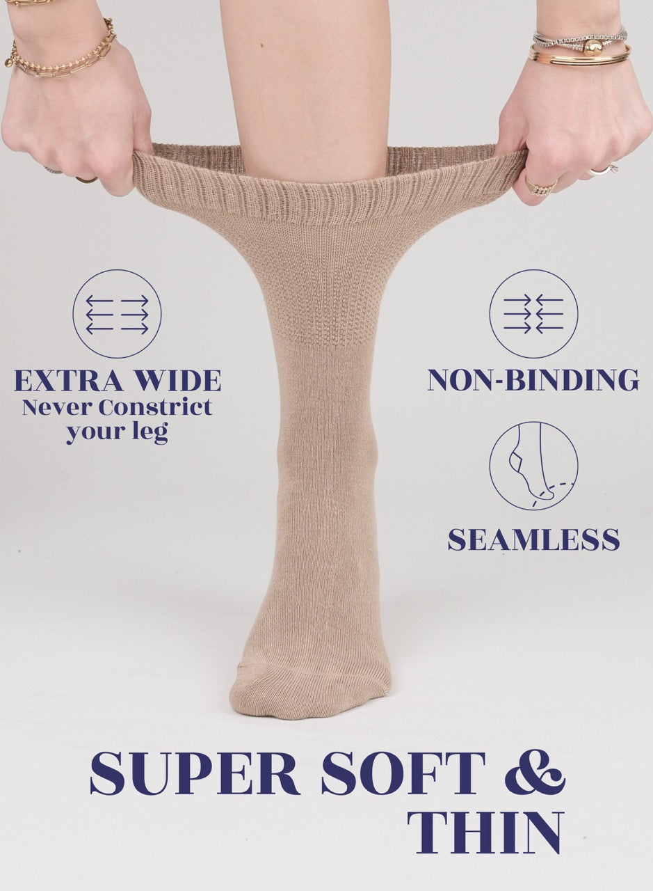 Women's Bamboo Diabetic Crew Thin Socks, 4 Pairs | Beige