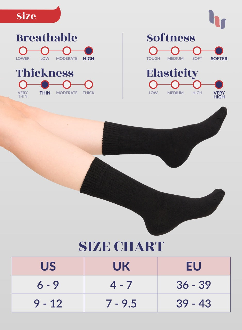 Women's Bamboo Diabetic Crew Thin Socks, 4 Pairs | Black