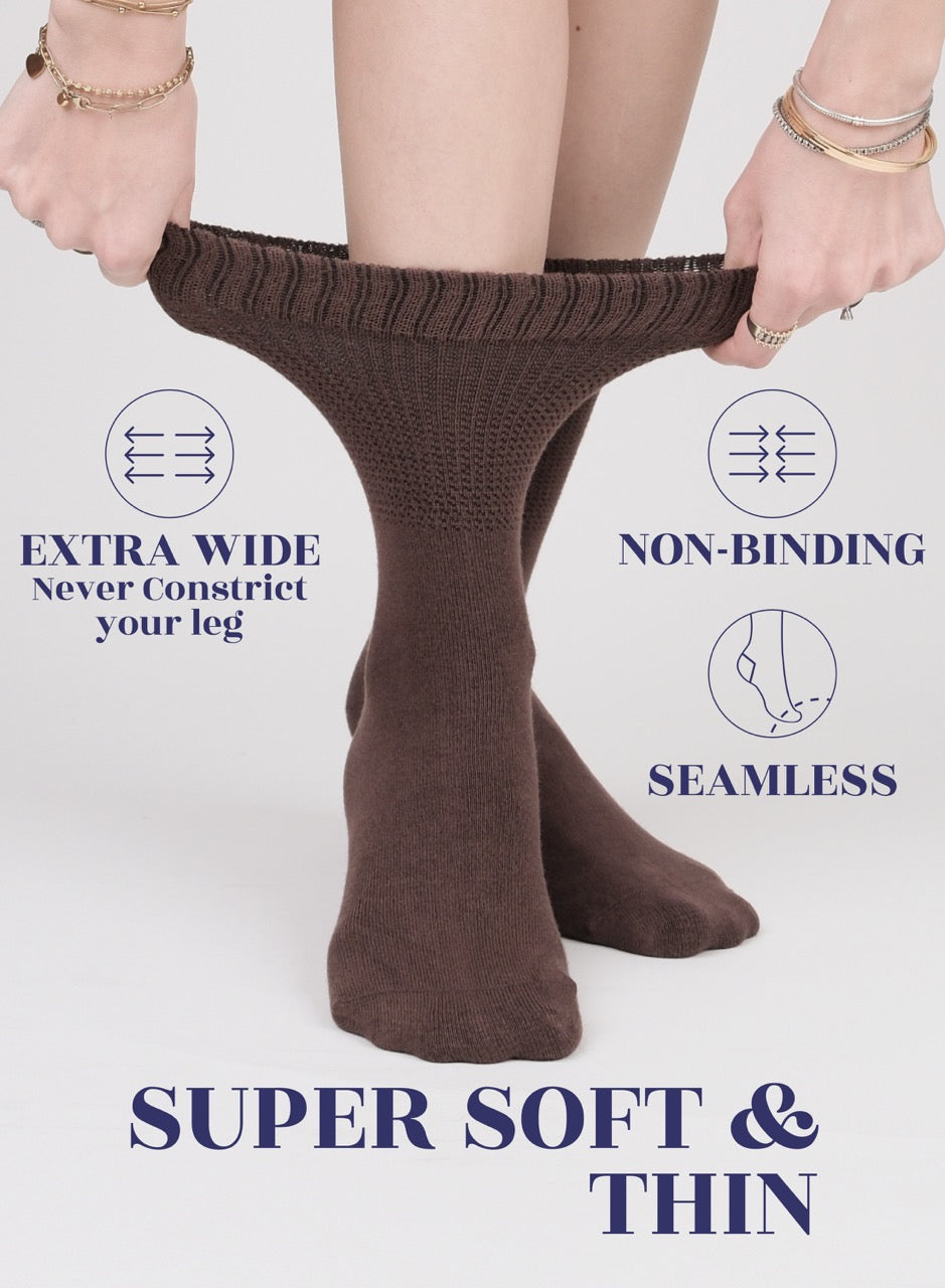Women's Bamboo Diabetic Crew Thin Socks, 4 Pairs | Brown