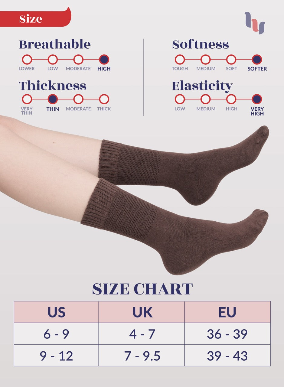 Women's Bamboo Diabetic Crew Thin Socks, 4 Pairs | Brown