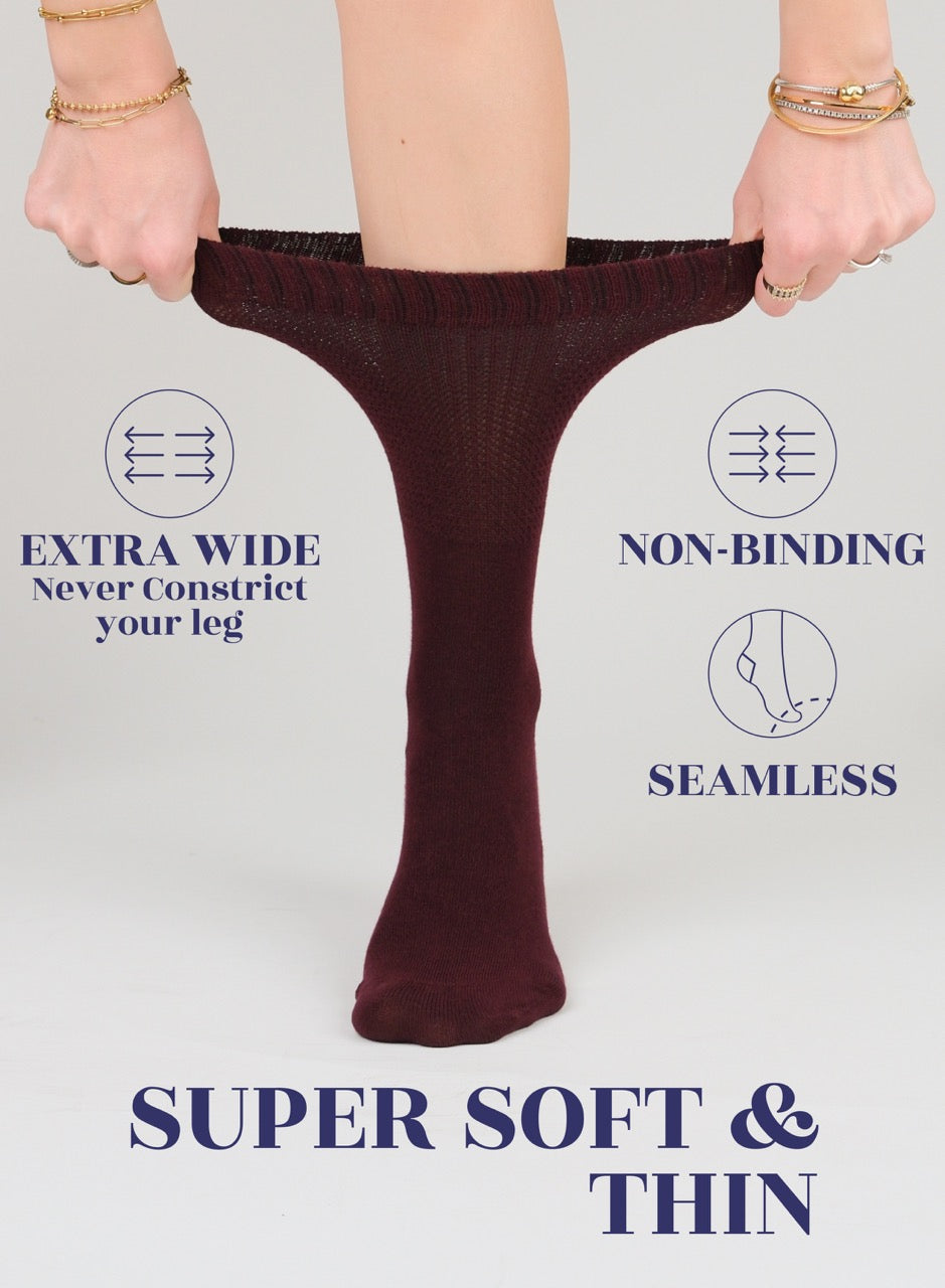 Women's Bamboo Diabetic Crew Thin Socks, 4 Pairs | Burgundy