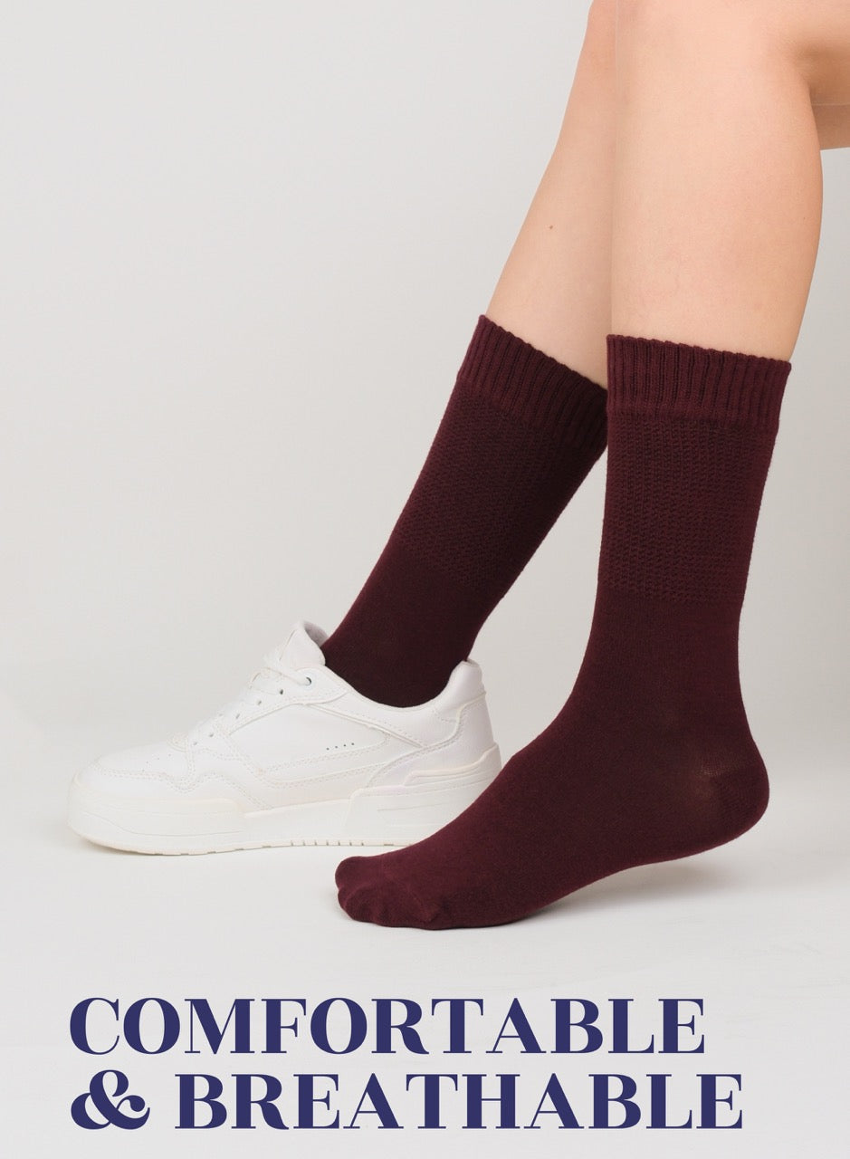 Women's Bamboo Diabetic Crew Thin Socks, 4 Pairs | Burgundy
