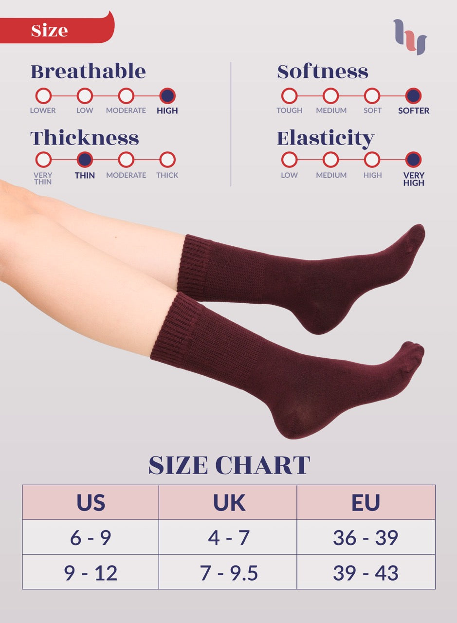 Women's Bamboo Diabetic Crew Thin Socks, 4 Pairs | Burgundy