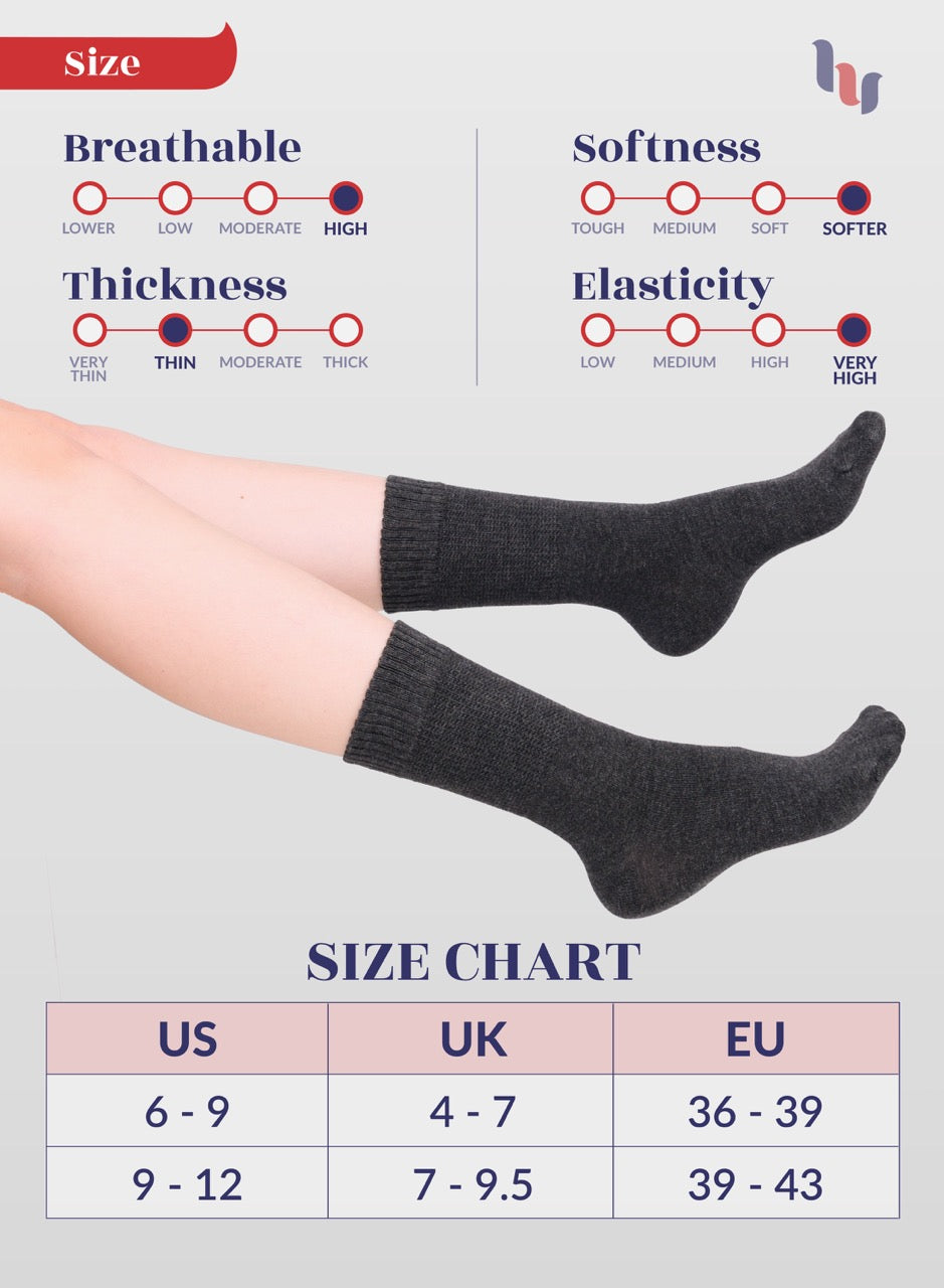Women's Bamboo Diabetic Crew Thin Socks, 4 Pairs | Charcoal
