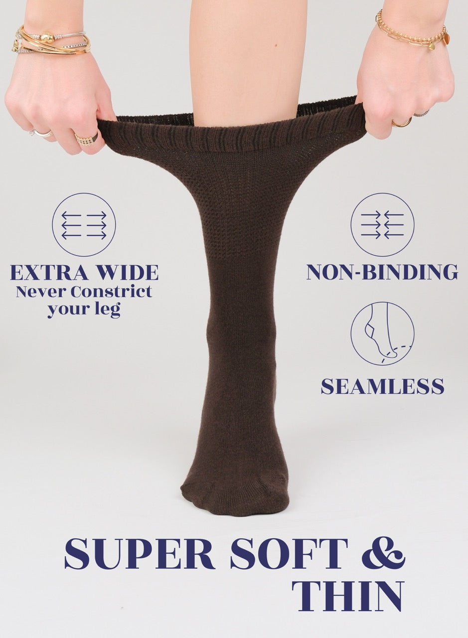 Women's Bamboo Diabetic Crew Thin Socks, 4 Pairs | Dark Brown