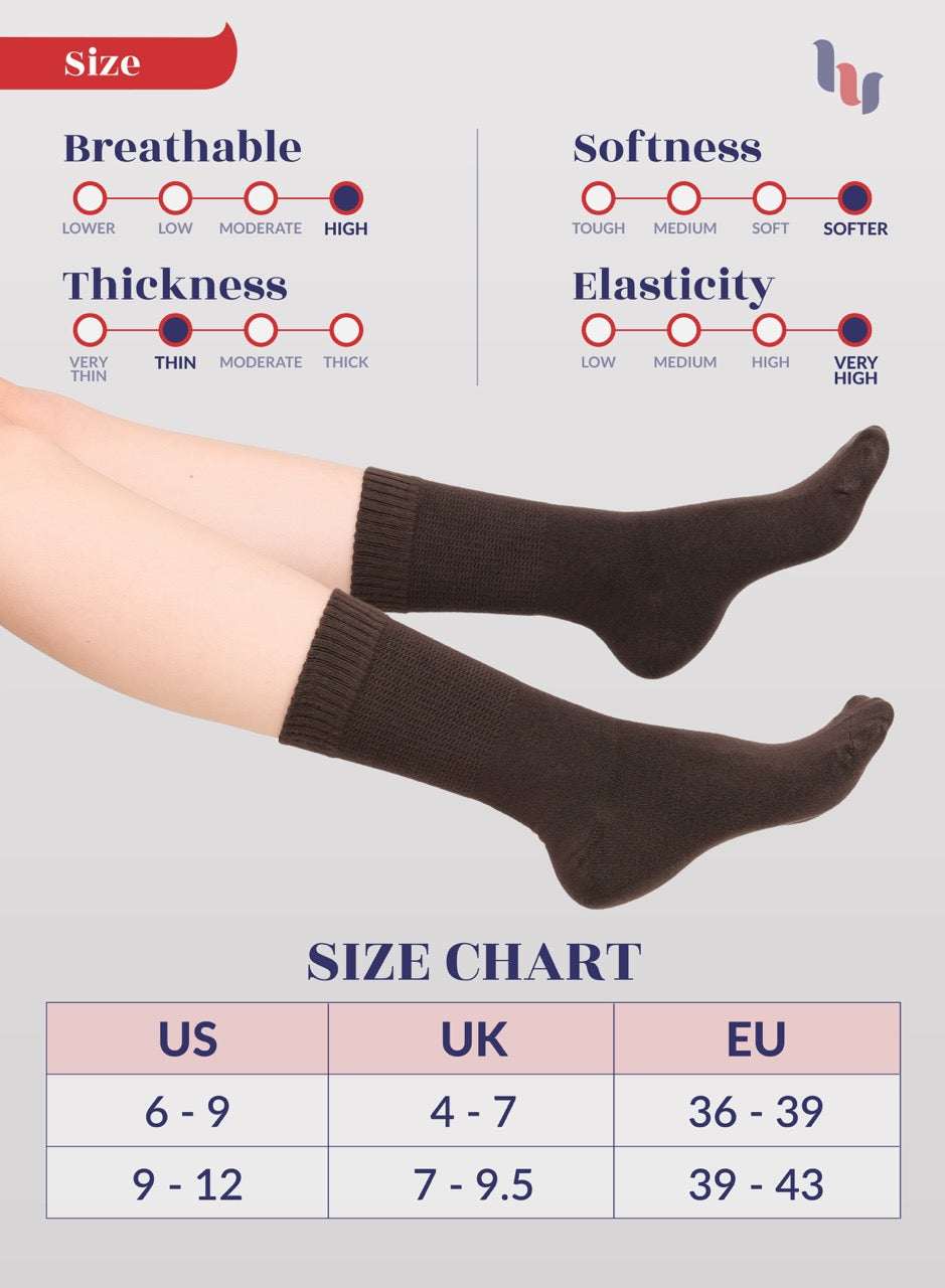 Women's Bamboo Diabetic Crew Thin Socks, 4 Pairs | Dark Brown