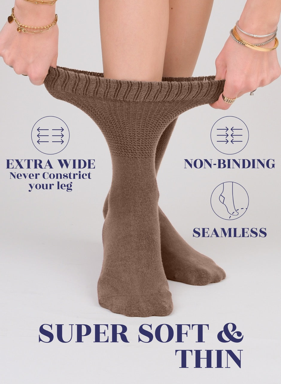 Women's Bamboo Diabetic Crew Thin Socks, 4 Pairs | Light Brown