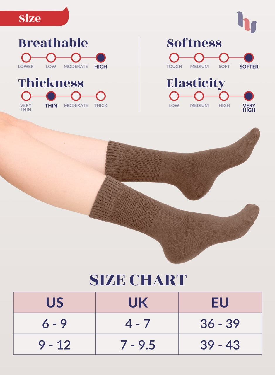 Women's Bamboo Diabetic Crew Thin Socks, 4 Pairs | Light Brown