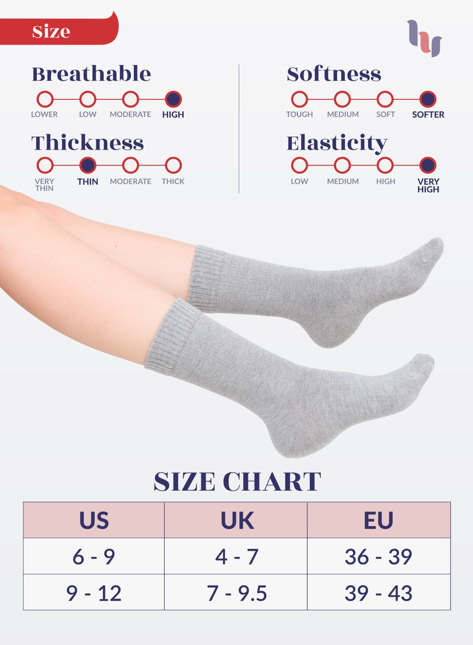 Women's Bamboo Diabetic Crew Thin Socks, 4 Pairs | Light Gray New