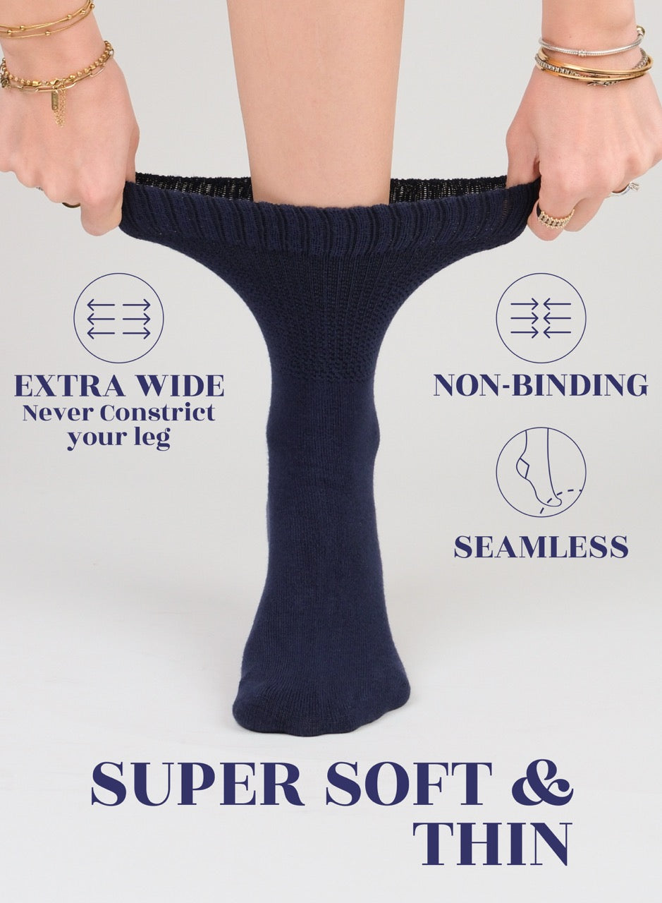 Women's Bamboo Diabetic Crew Thin Socks, 4 Pairs | Navy Blue