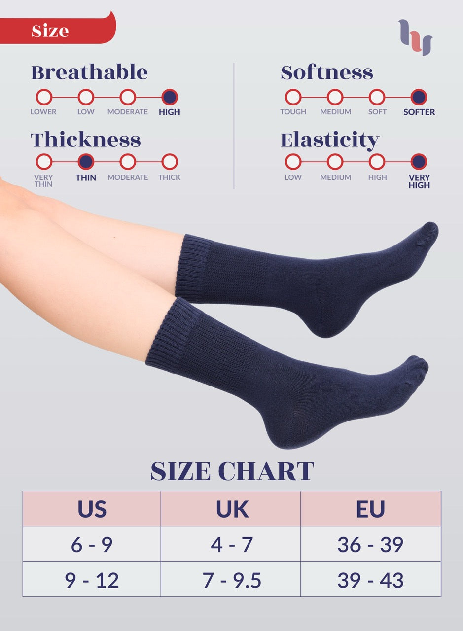Women's Bamboo Diabetic Crew Thin Socks, 4 Pairs | Navy Blue