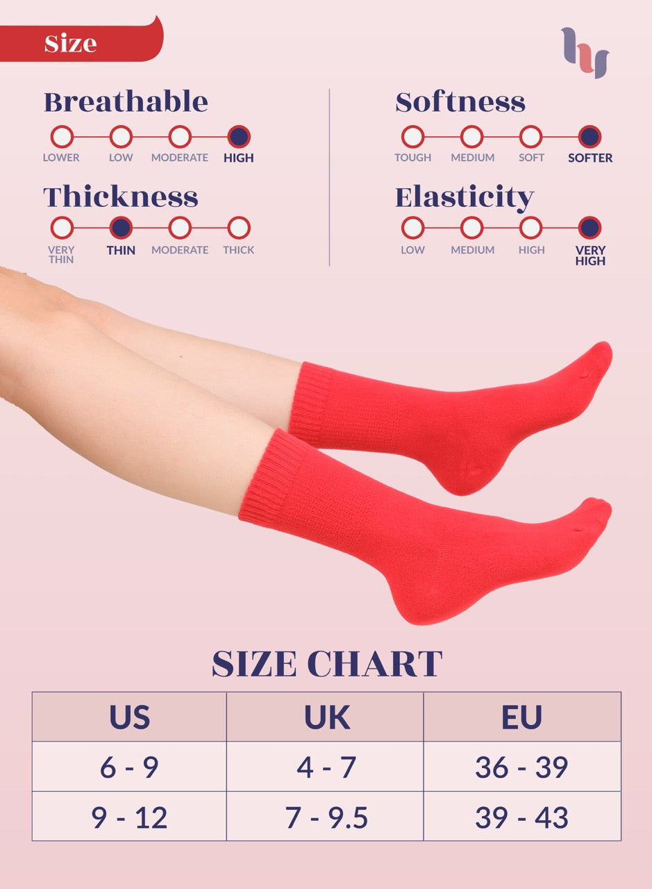 Women's Bamboo Diabetic Crew Thin Socks, 4 Pairs | Red