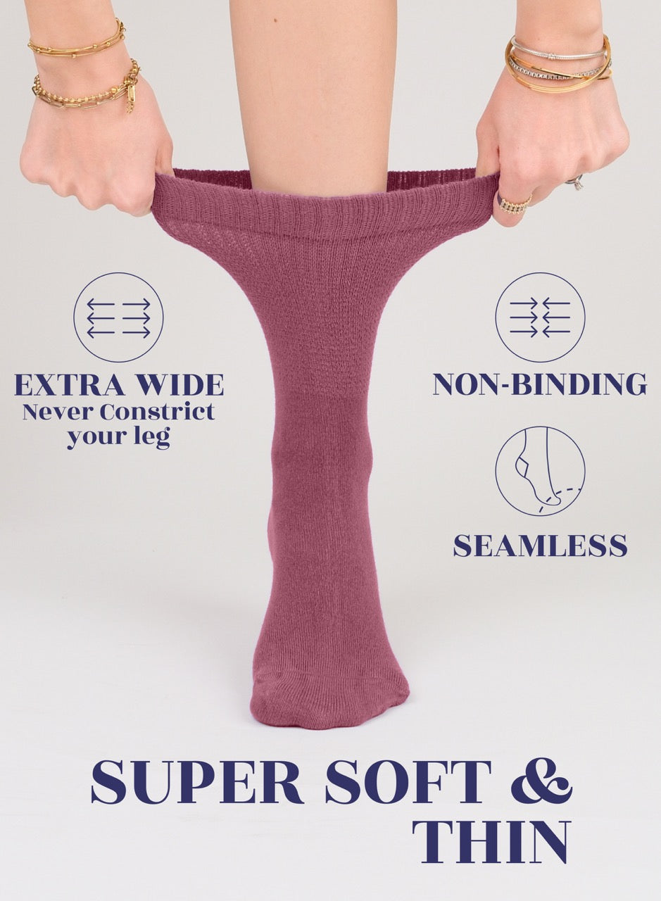 Women's Bamboo Diabetic Crew Thin Socks, 4 Pairs | Rose Wood