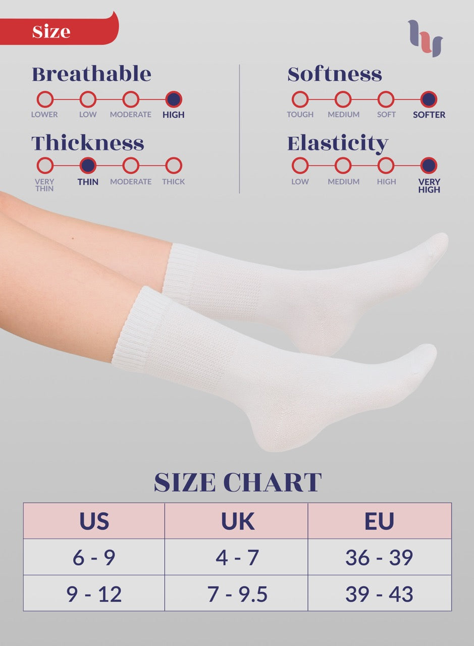 Women's Bamboo Diabetic Crew Thin Socks, 4 Pairs | White