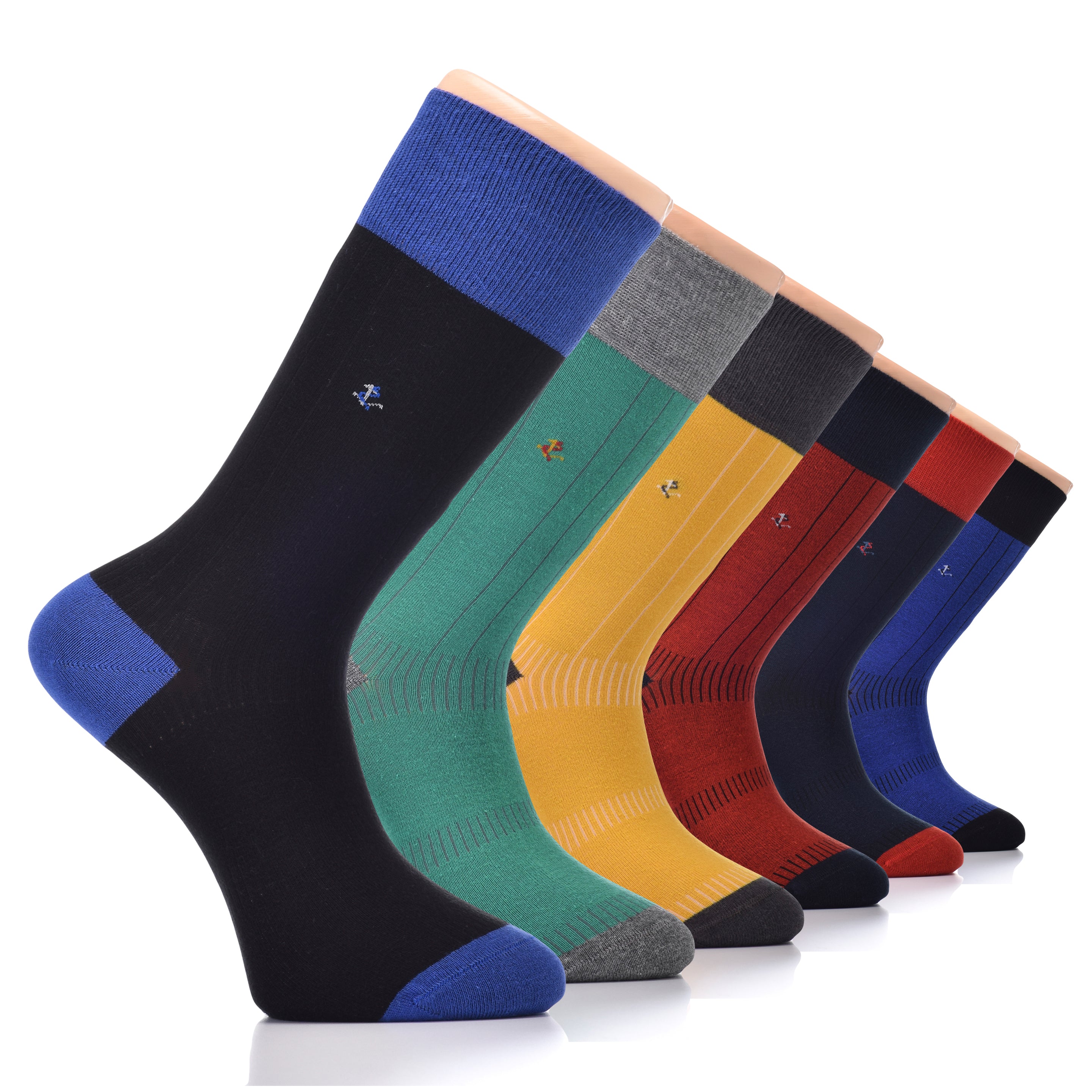 A box containing six pairs of men's socks made of fancy cotton dress crew socks. Perfect for formal occasions and everyday wear.