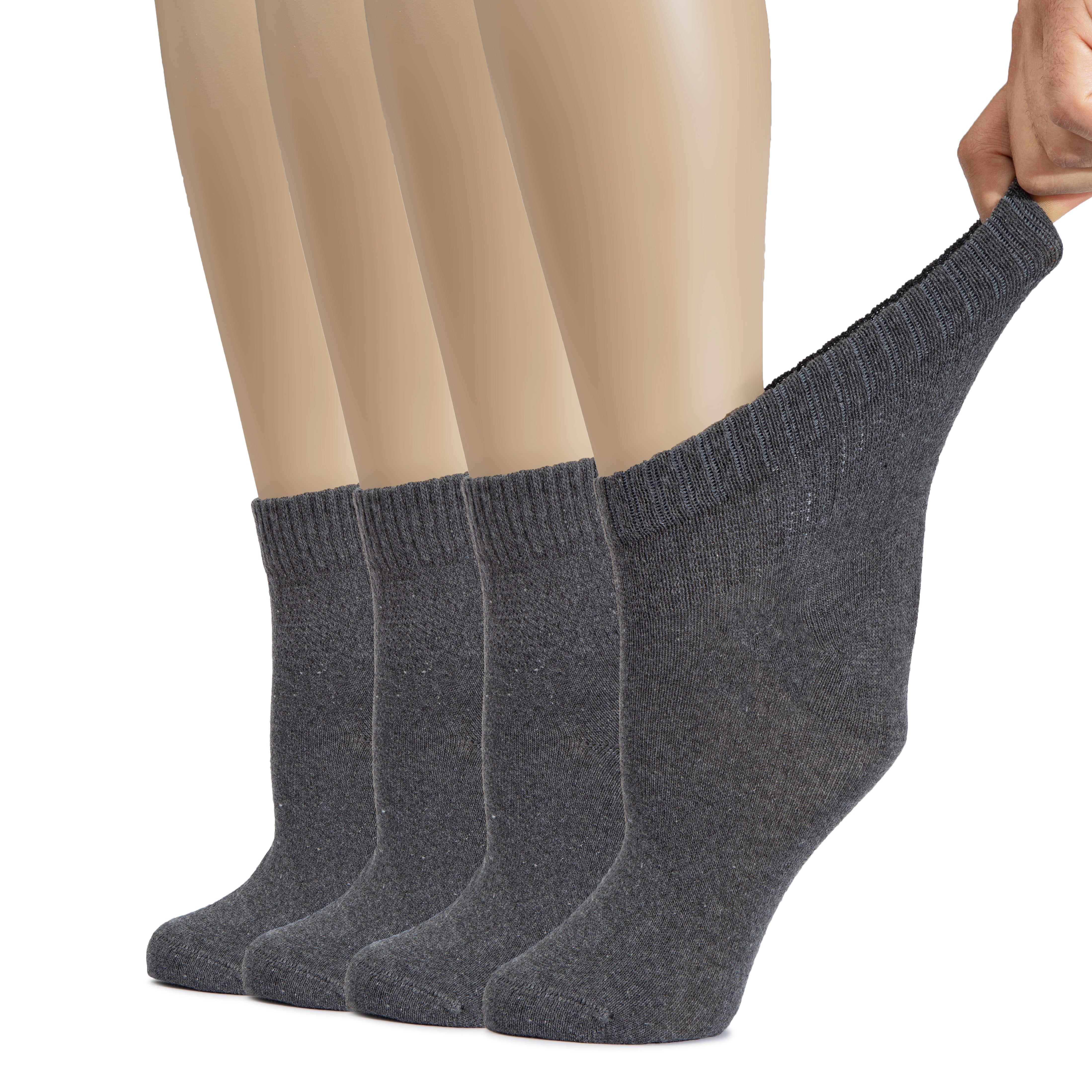The picture displays a woman's feet in gray socks made for diabetic women. The socks are Women's Cotton Diabetic Ankle Socks.