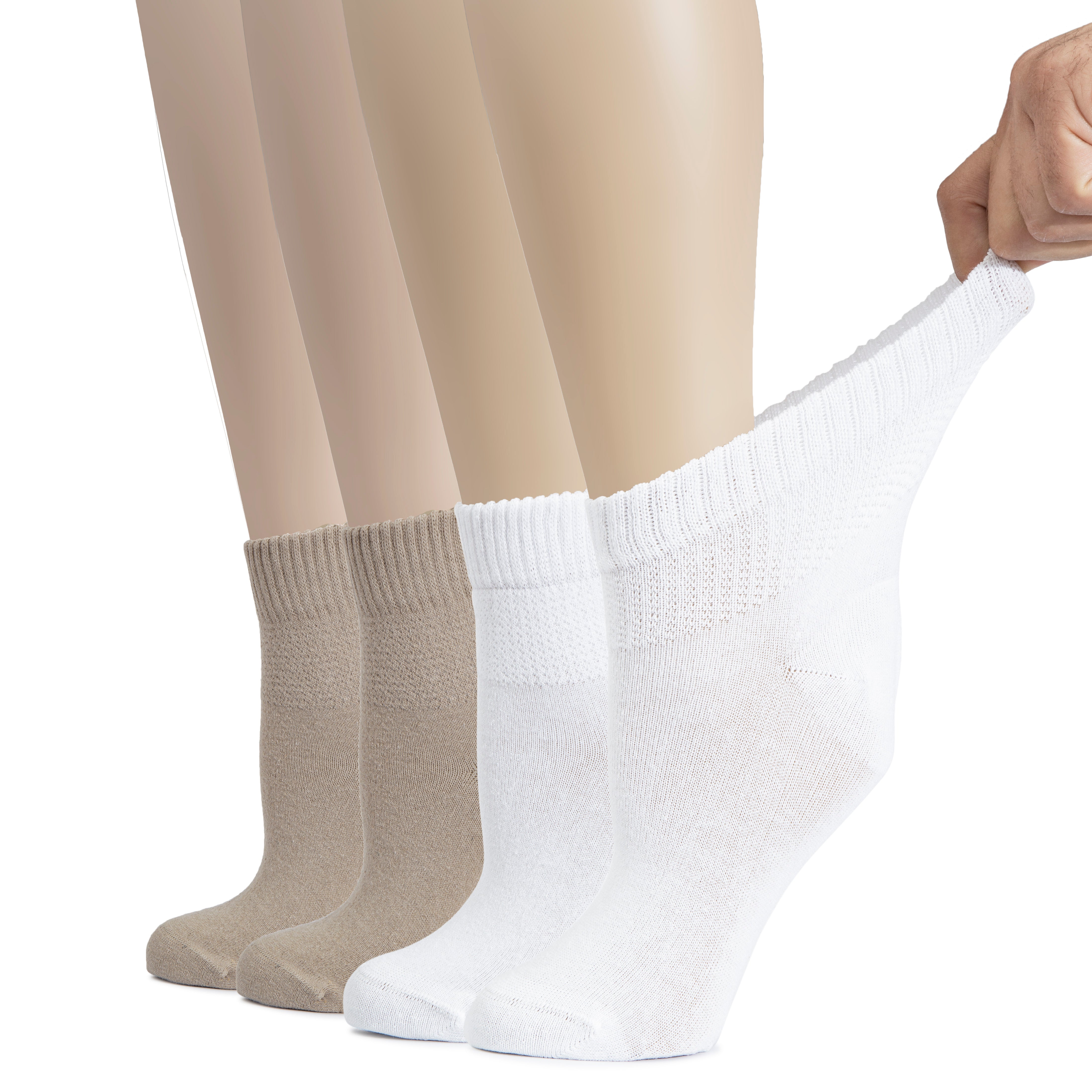 Hugh Ugoli Cotton Diabetic Women's Socks, Ankle Height, Loose, Wide Stretchy, Thin, Seamless Toe and Non-Binding Top, 4 Pairs | Shoe Size: 6-9 | LightGrey / White