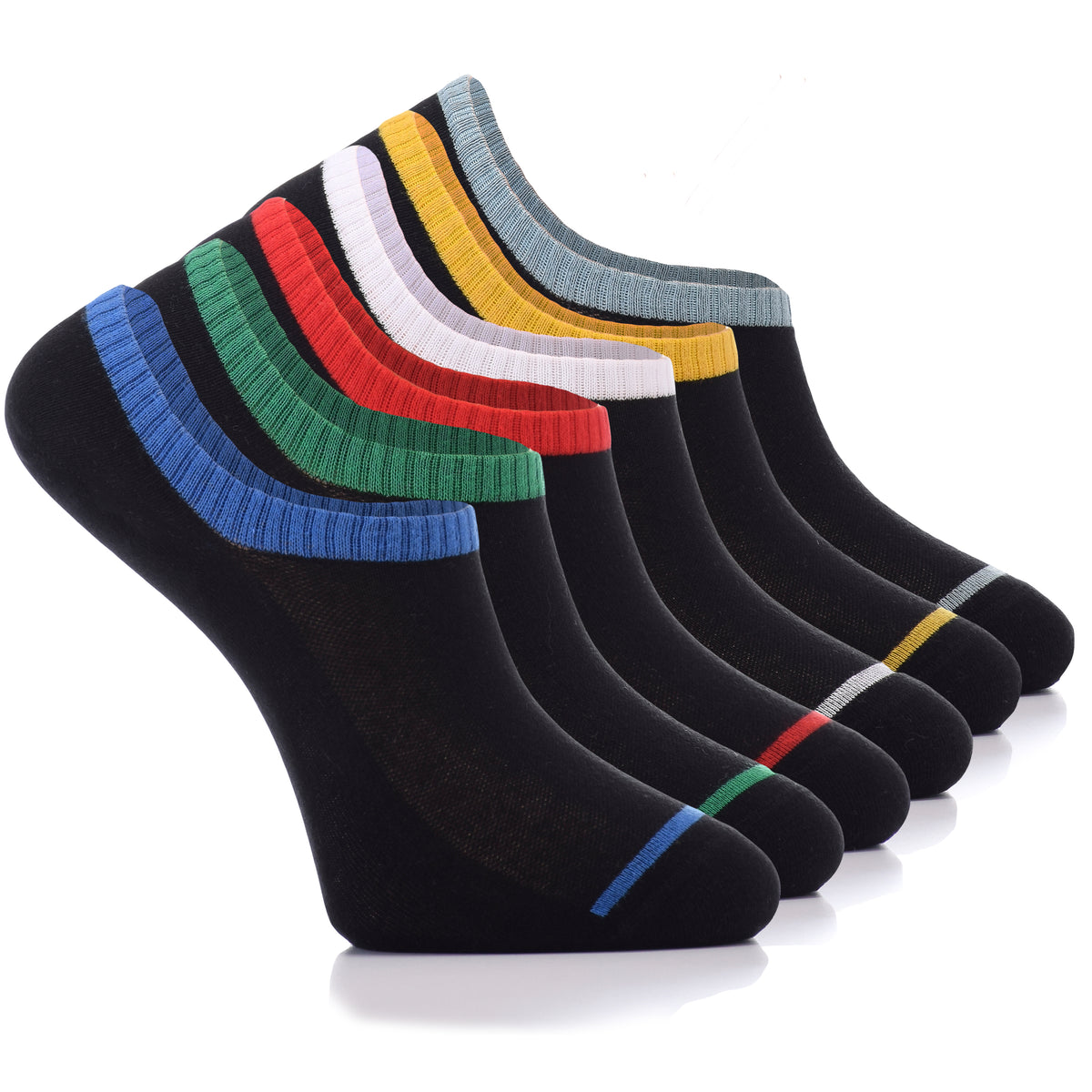 Elevate your sock game with these Patterned Cotton No-Show Socks for Men, boasting six black socks adorned with vibrant stripes.