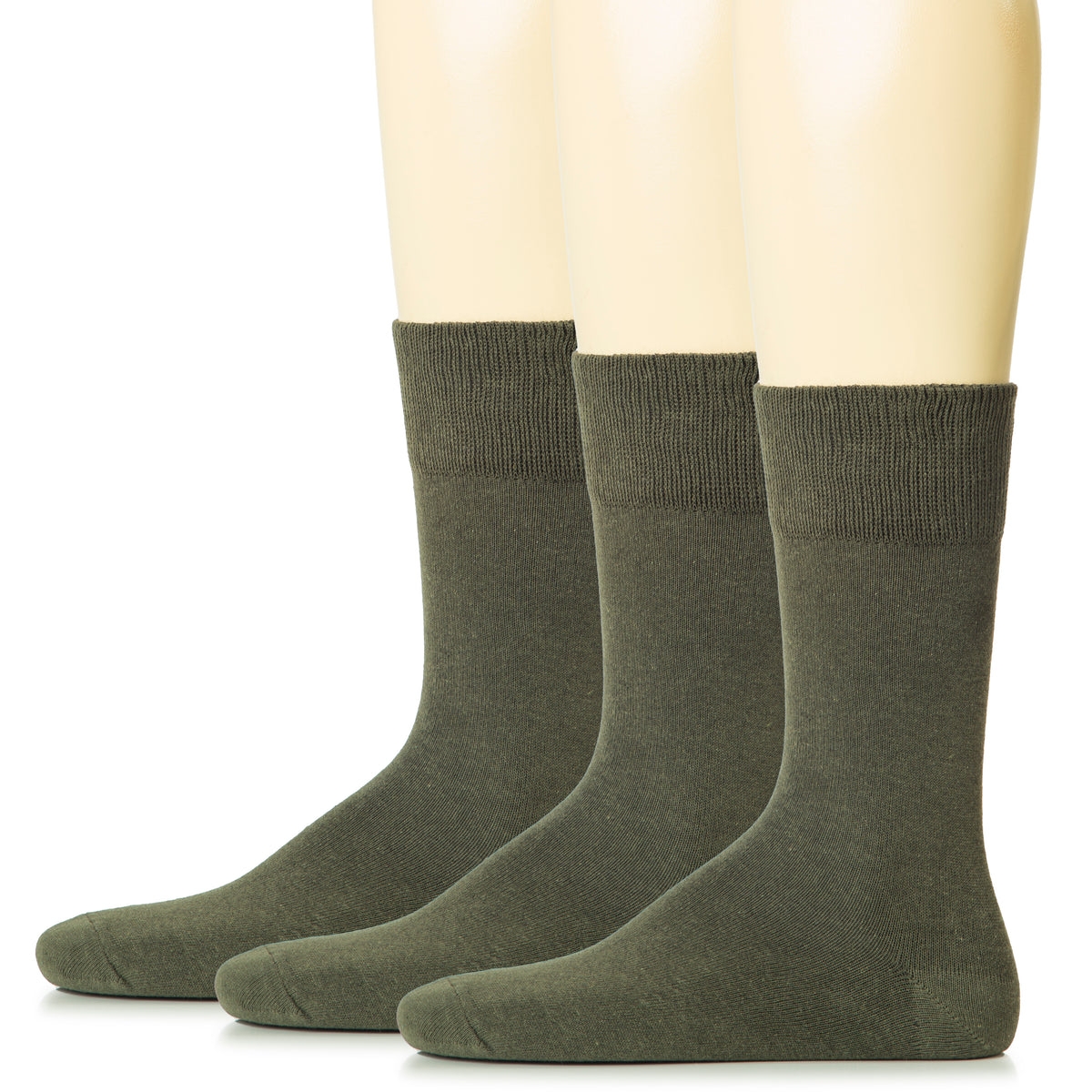 Three men's green cotton crew socks, perfect for everyday wear and comfort.