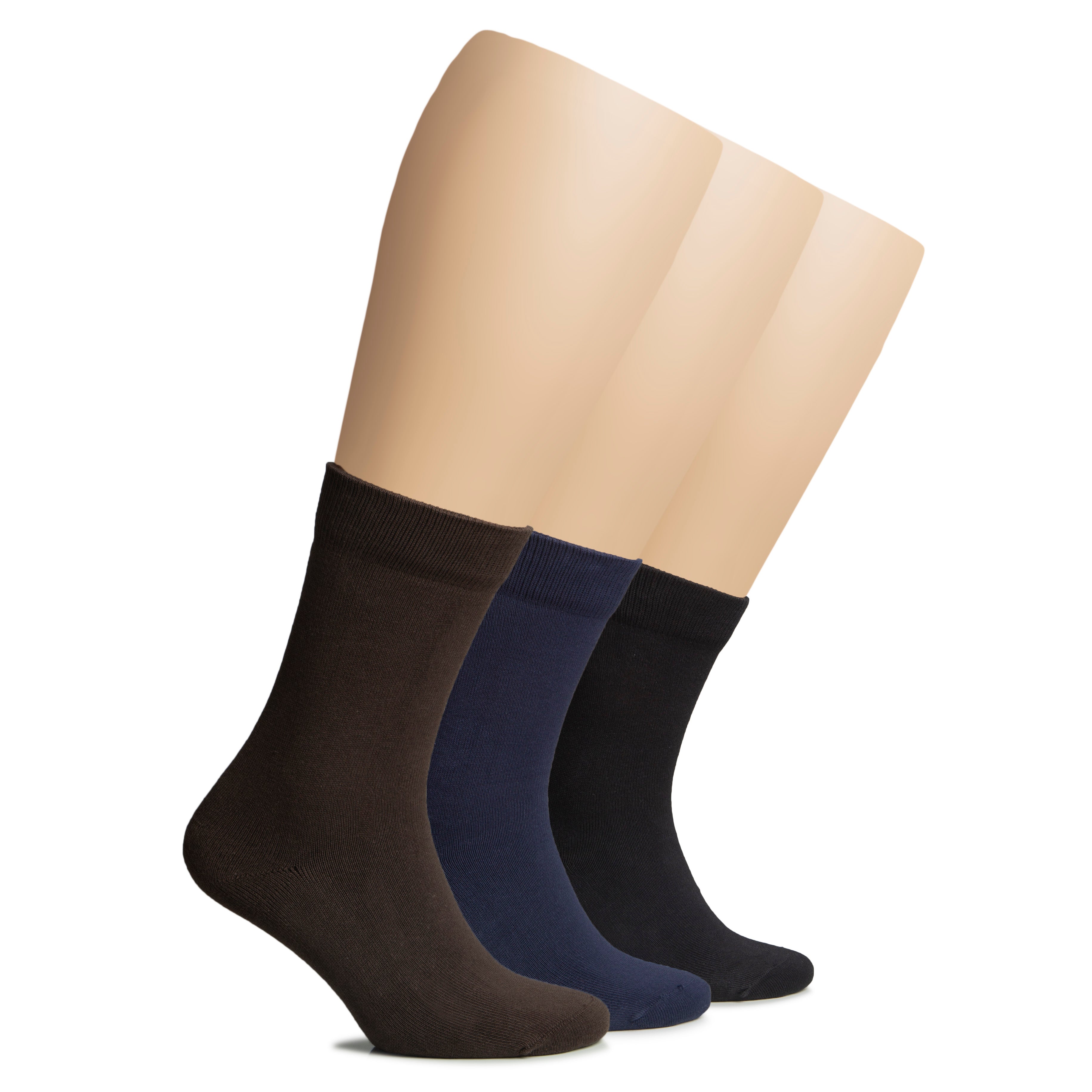 This image depicts three women's socks in varying colors: brown, blue, and black. These are Women's Winter Cotton Crew Socks.