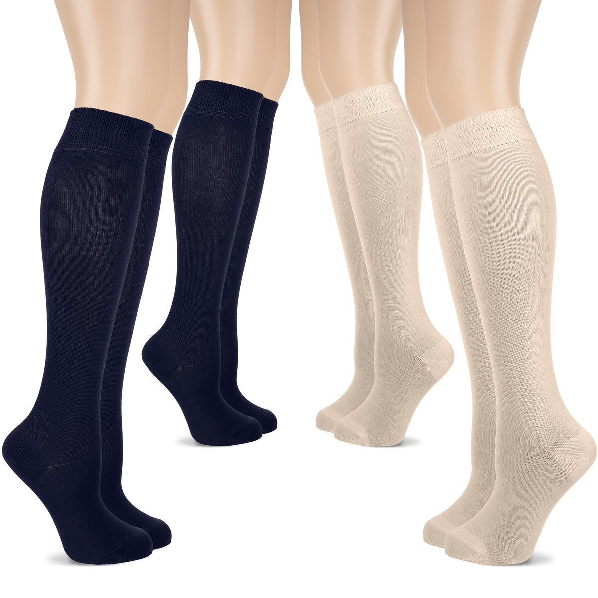 This image showcases four pairs of knee-high cotton socks for women in beige and blue hues.
