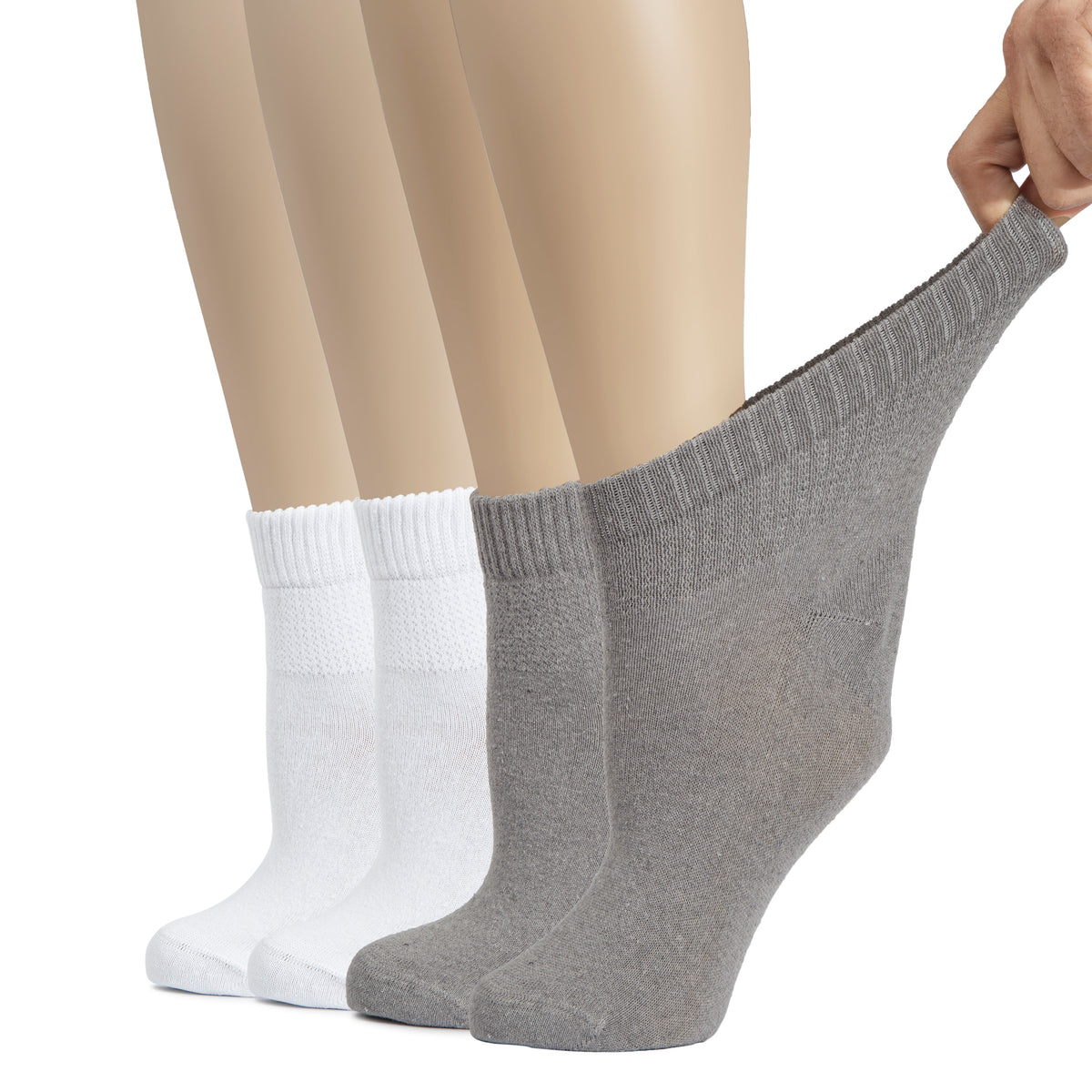 Hugh Ugoli Cotton Diabetic Women's Socks, Ankle Height, Loose, Wide Stretchy, Thin, Seamless Toe and Non-Binding Top, 4 Pairs | Shoe Size: 6-9 | IndigoBlue / LightGrey