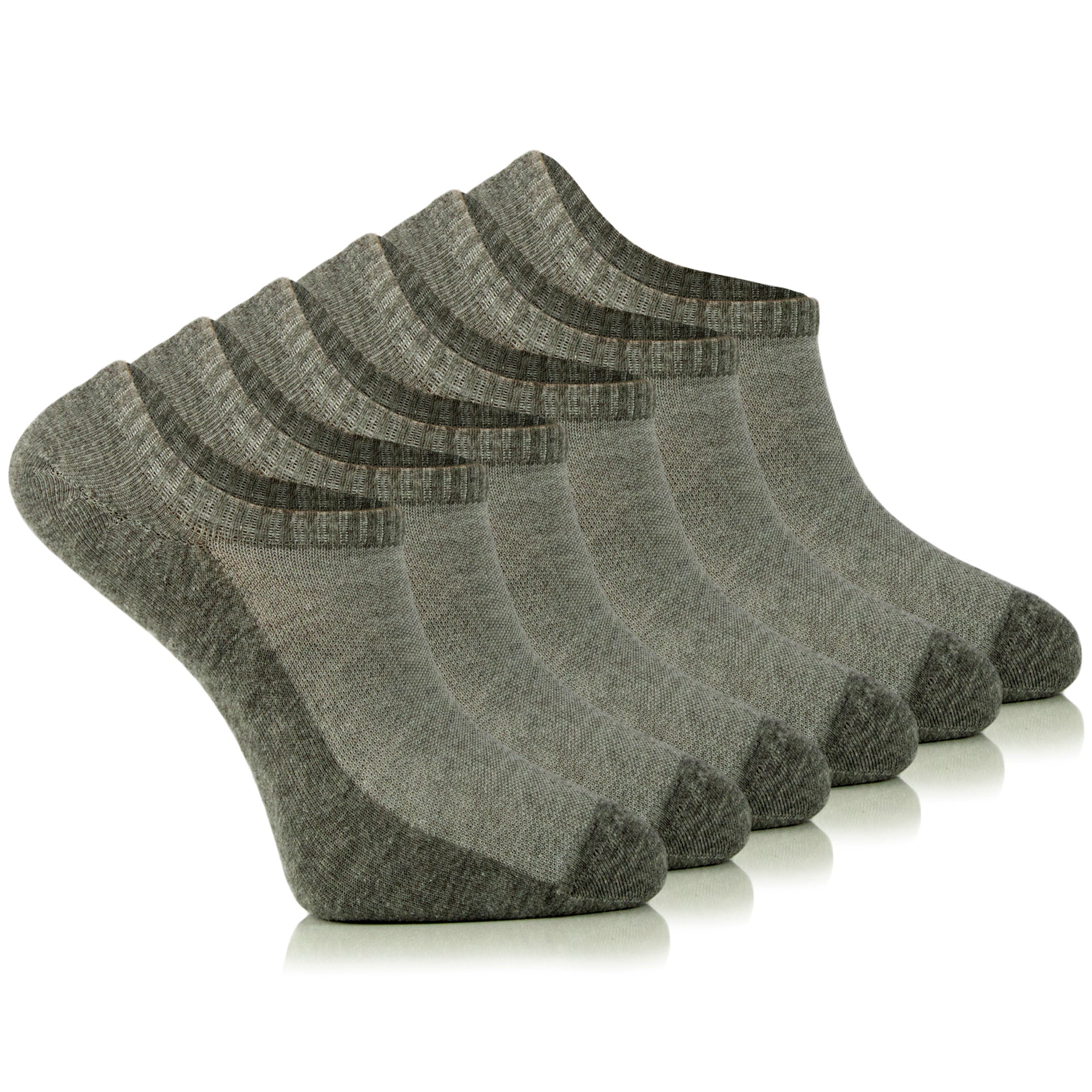 A set of six pairs of Cotton No-Show Plain Socks in grey color, neatly arranged on a white background.