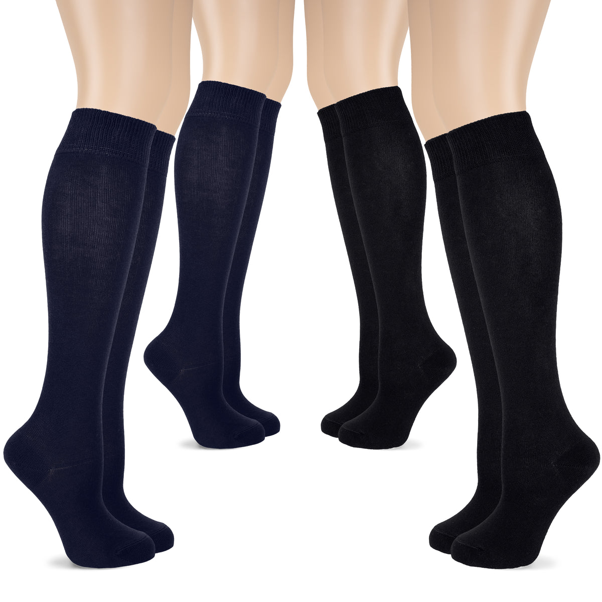 Stay cozy and chic with these knee-high cotton socks for women. This set includes four pairs in blue and black, perfect for any outfit.