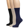 Elevate your sock game with these three pairs of women's bamboo crew socks in classic black, blue, and tan.