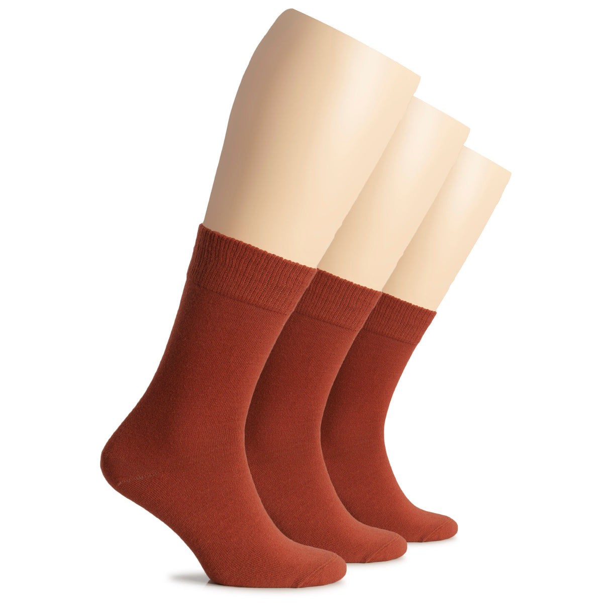 A trio of wool women's crew socks in burgundy, neatly arranged on a white background.