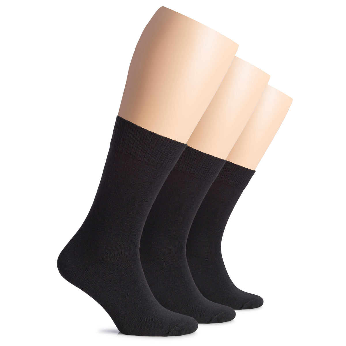 On a white backdrop, three black wool women's crew socks are displayed.