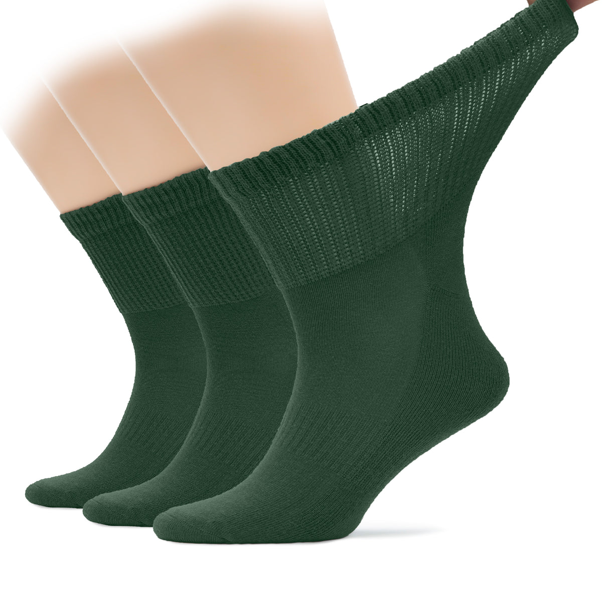 Three pairs of Men's Diabetic Ankle Socks in green, with one pair on each foot, designed for comfort and support.