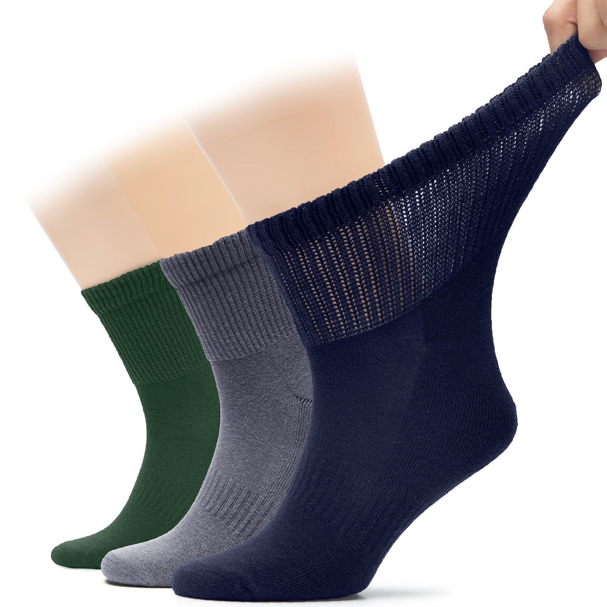 A trio of Men's Diabetic Ankle Socks in varying colors, perfect for those with sensitive feet.