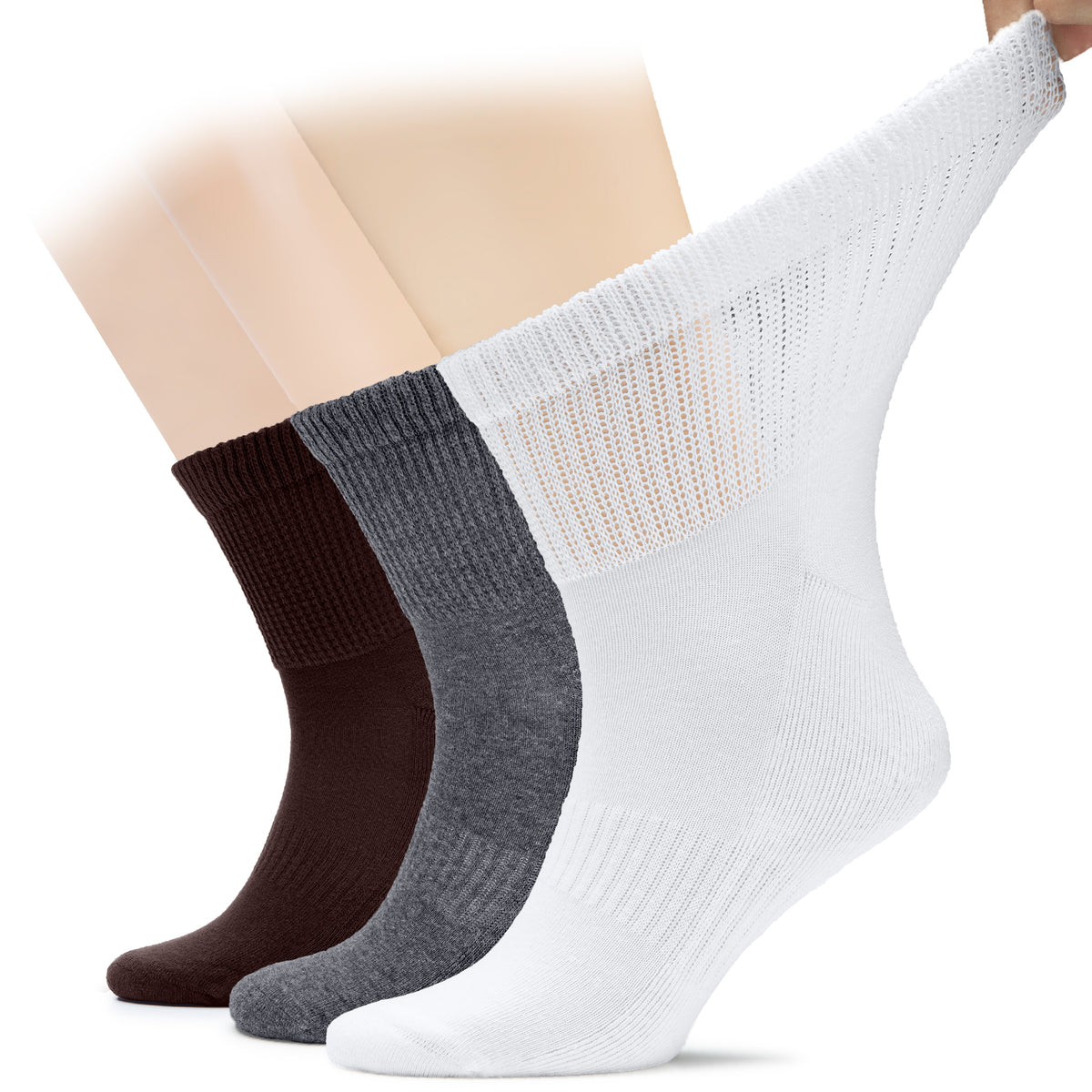 Three pairs of Men's Diabetic Ankle Socks in white, black, and brown. Designed for comfort and support, perfect for those with diabetes.