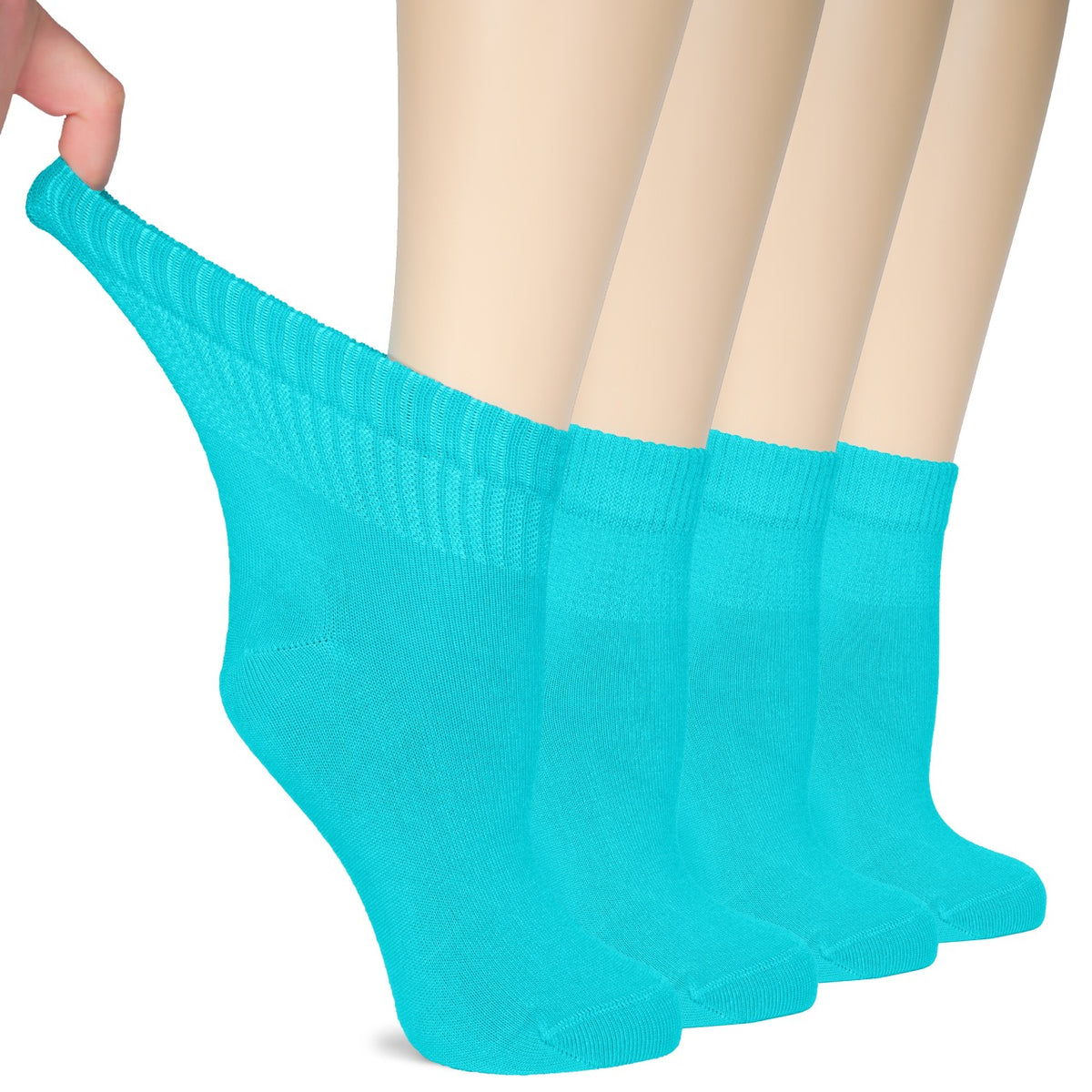 A pair of Blue Curacao socks held up by a woman's feet. These bamboo thin socks offer comfort, style, and good health. With a seamless toe and non-binding top, they provide a perfect fit and improved circulation. Get four pairs for worry-free laundry days!