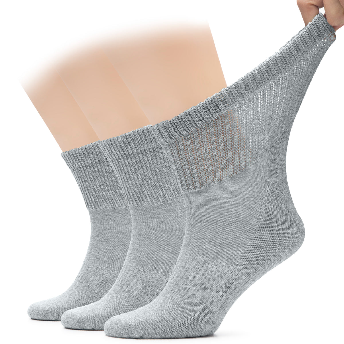 This image depicts three pairs of gray Men's Diabetic Ankle Socks, suitable for everyday wear.