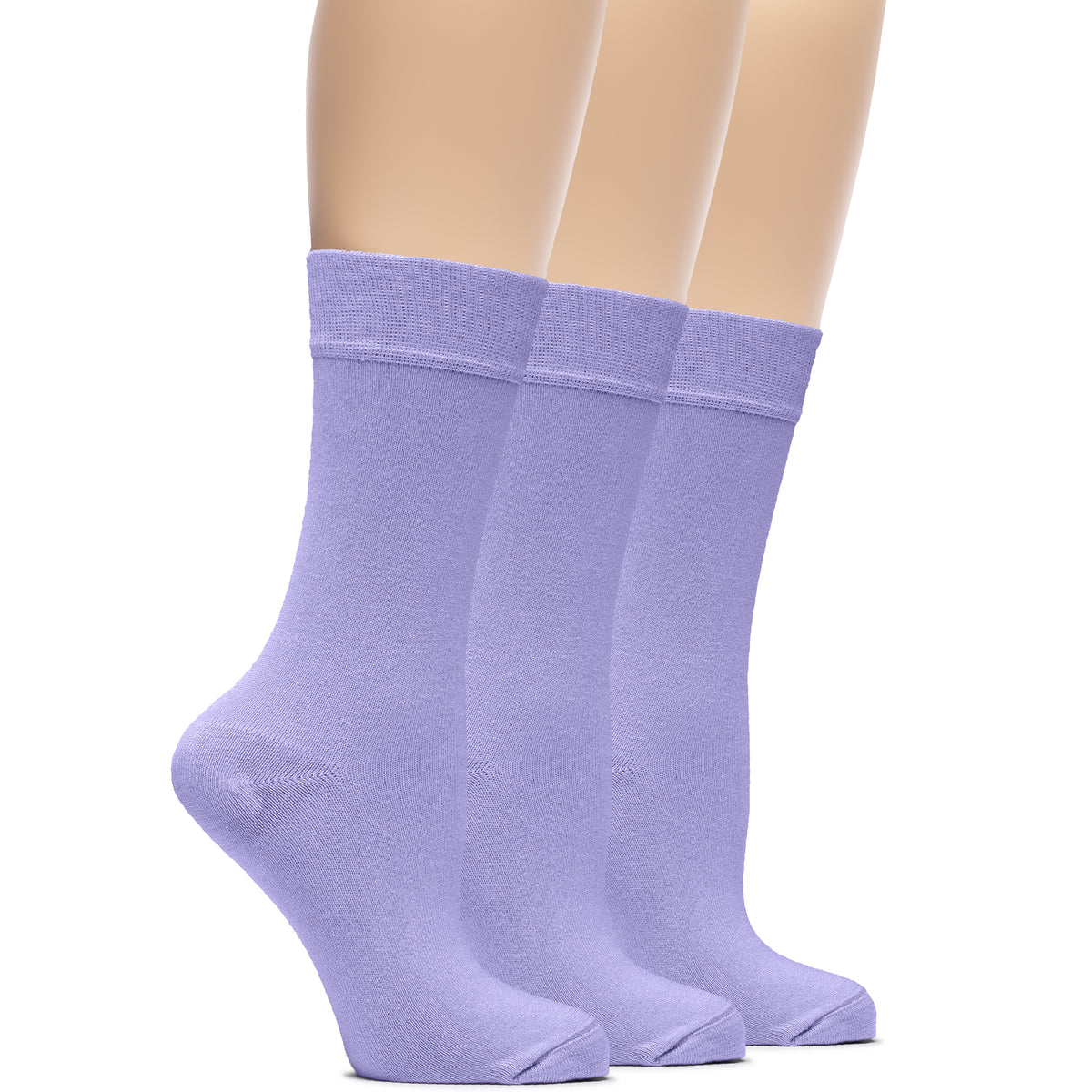 A mannequin displays three Women's Bamboo Crew Socks in purple, perfect for eco-conscious fashionistas.