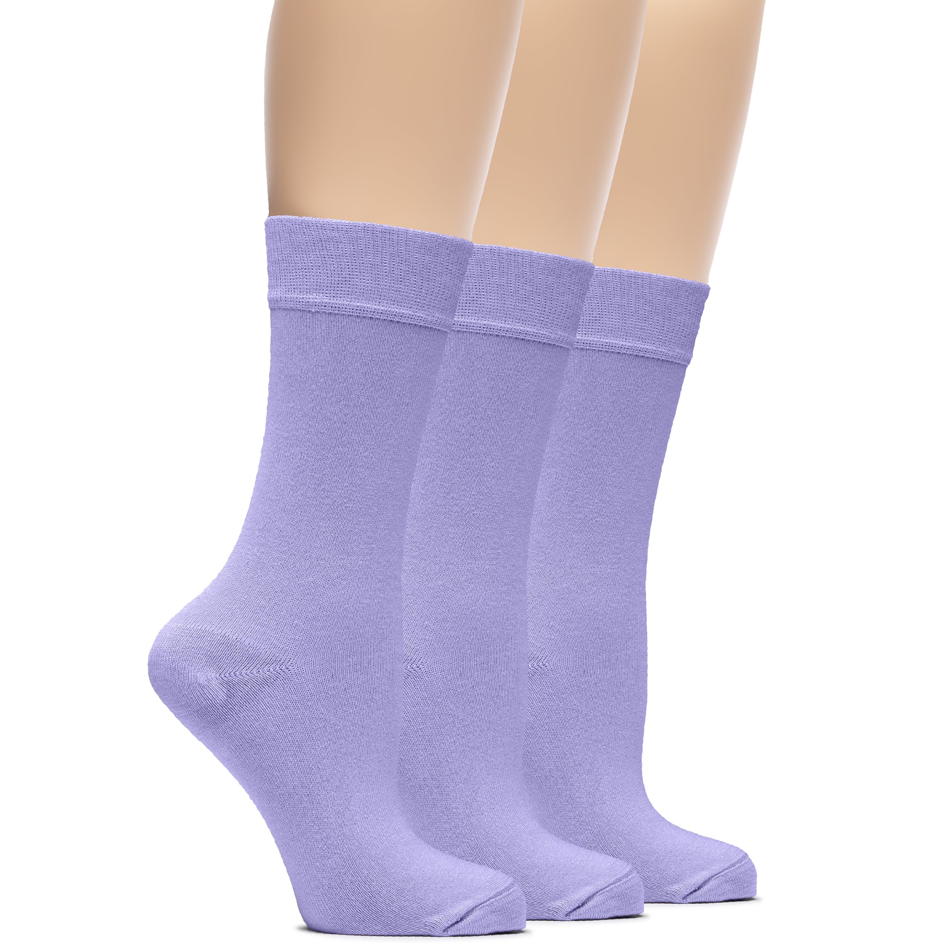 A mannequin displays three Women's Bamboo Crew Socks in purple, perfect for eco-conscious fashionistas.