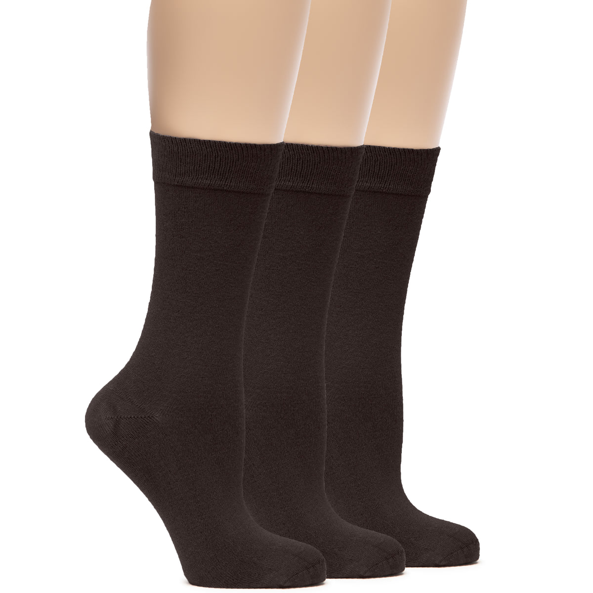 On display, a mannequin dons three brown Women's Bamboo Crew Socks, ideal for any occasion.
