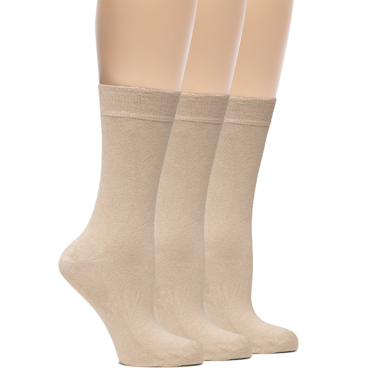 A trio of women's beige bamboo crew socks, perfect for everyday wear and comfort.