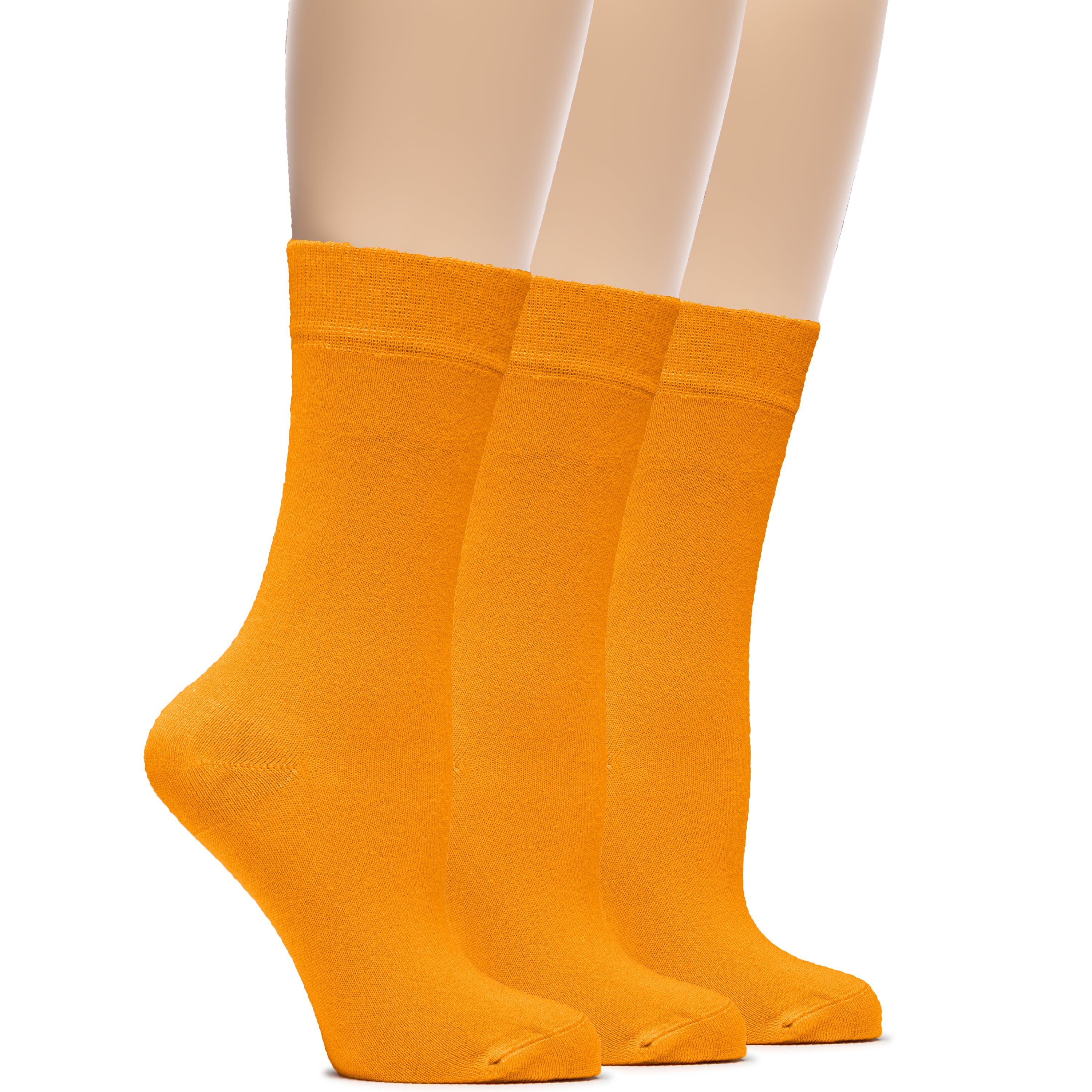 A mannequin displays three Women's Bamboo Crew Socks in orange, perfect for adding a pop of color to any outfit.
