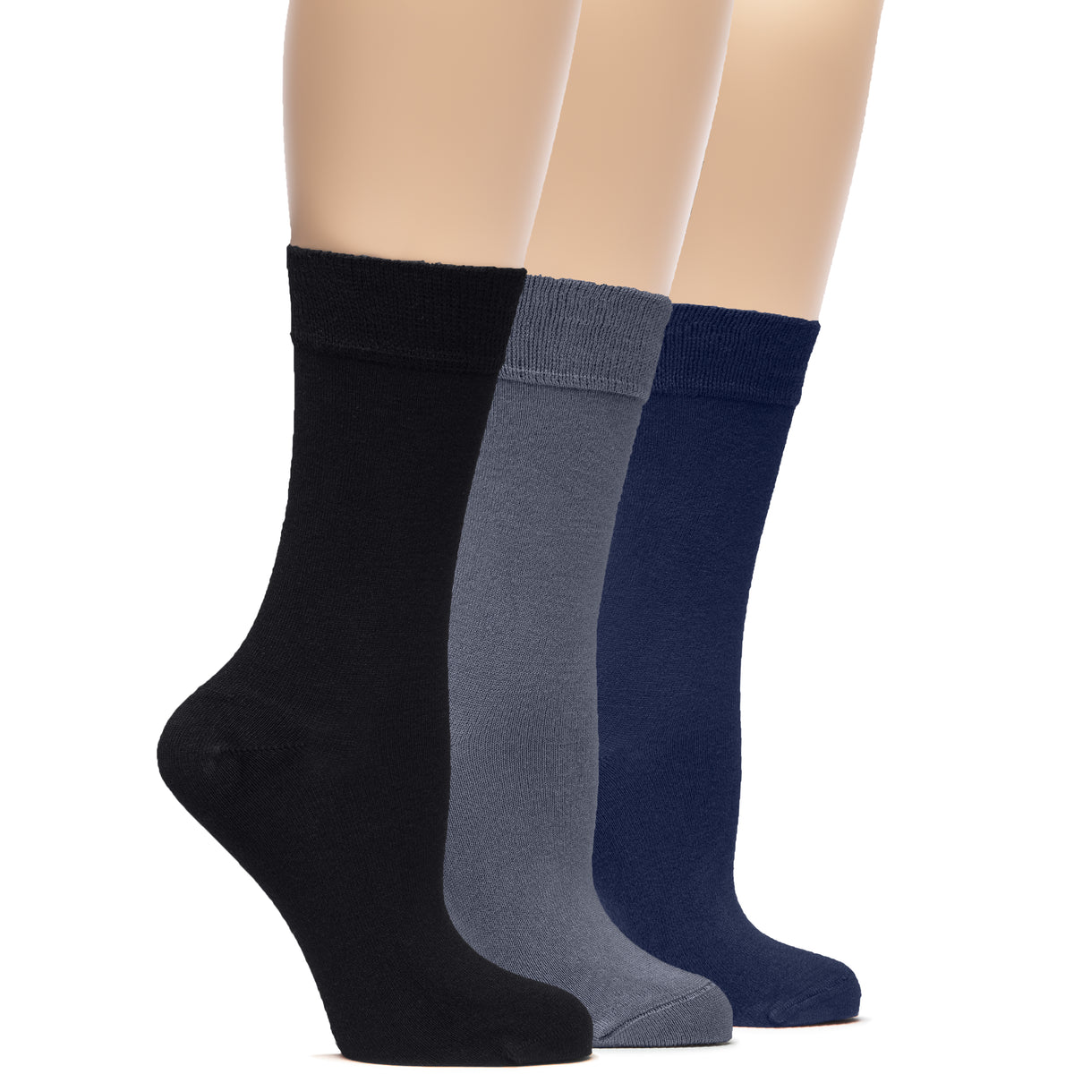 A trio of women's bamboo crew socks in black, grey, and blue. Perfect for everyday wear and ultimate comfort.