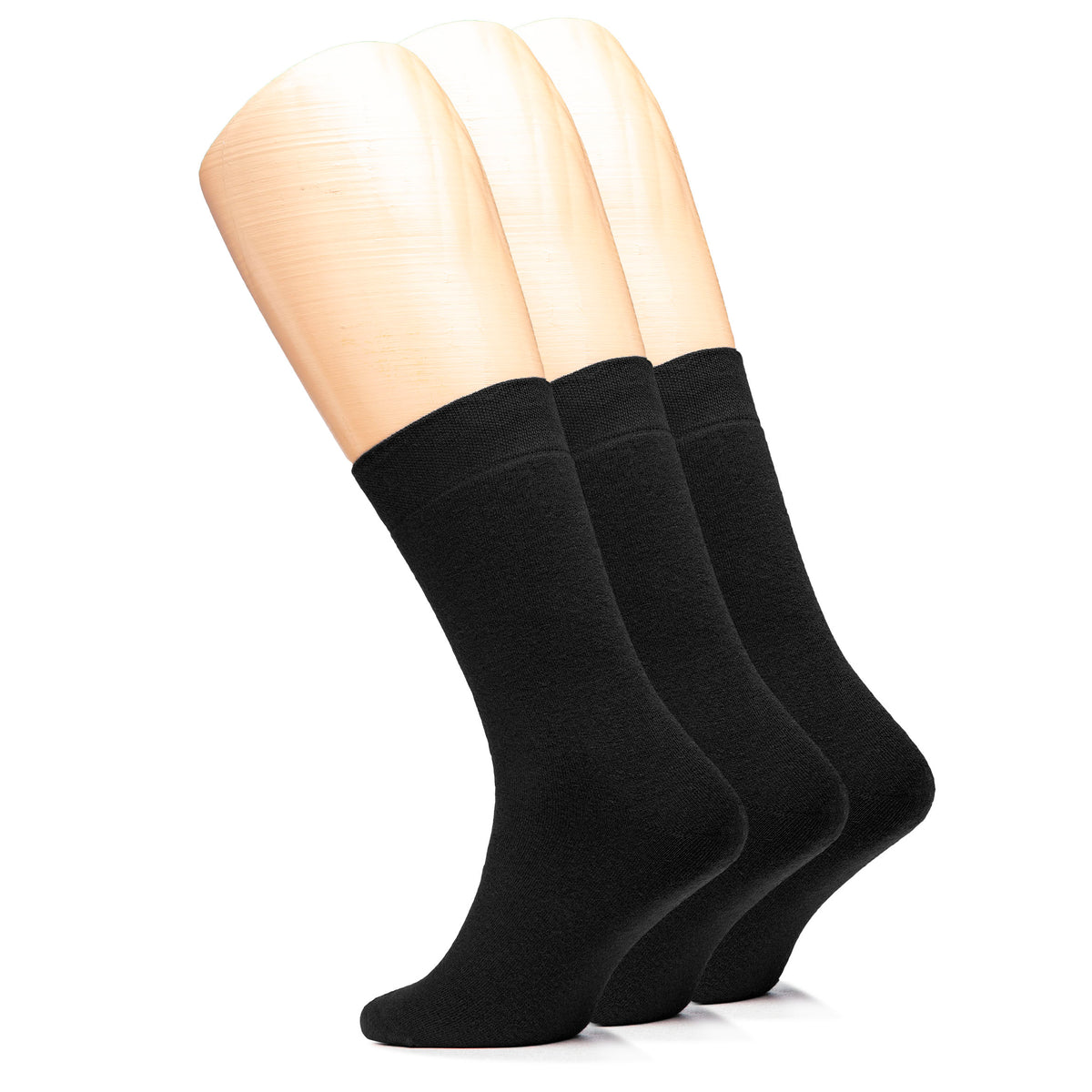 A trio of men's cotton full cushion ankle socks in black, neatly arranged on a white background.