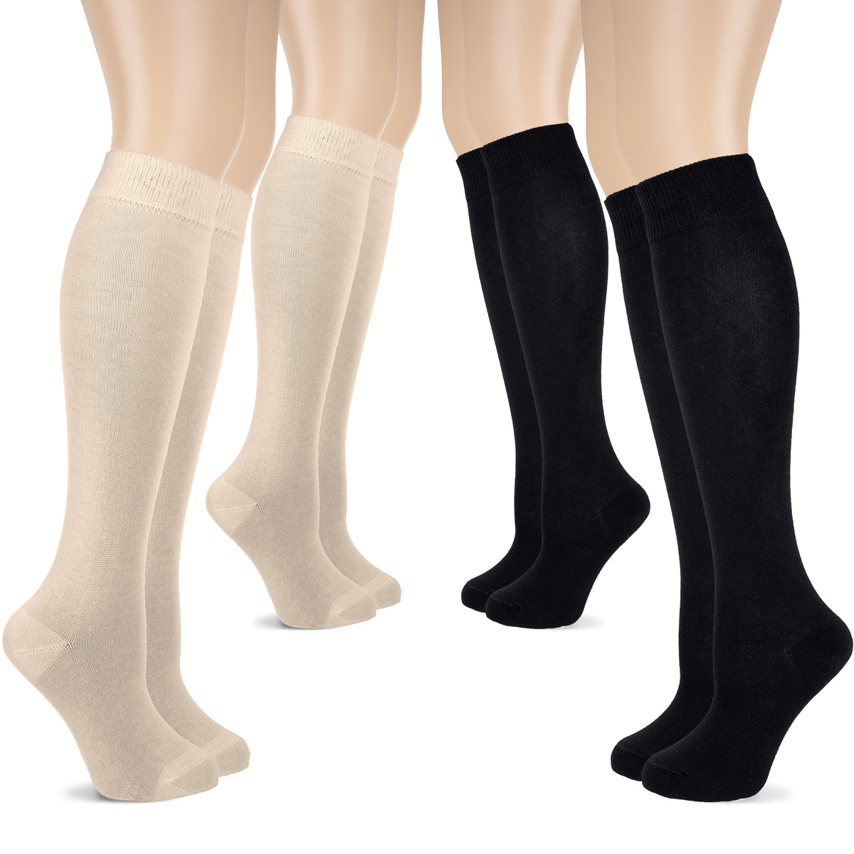 Four sets of knee-high socks for women, crafted from cotton and presented in beige and black shades, are shown in this image.