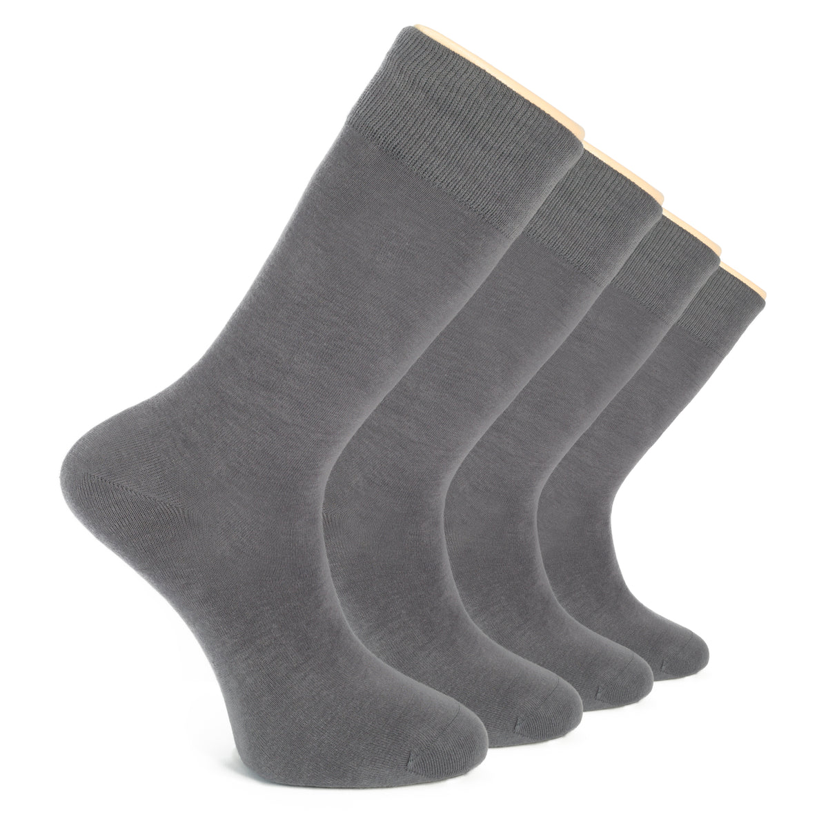Two pairs of grey cotton crew socks laid out on a pristine white background