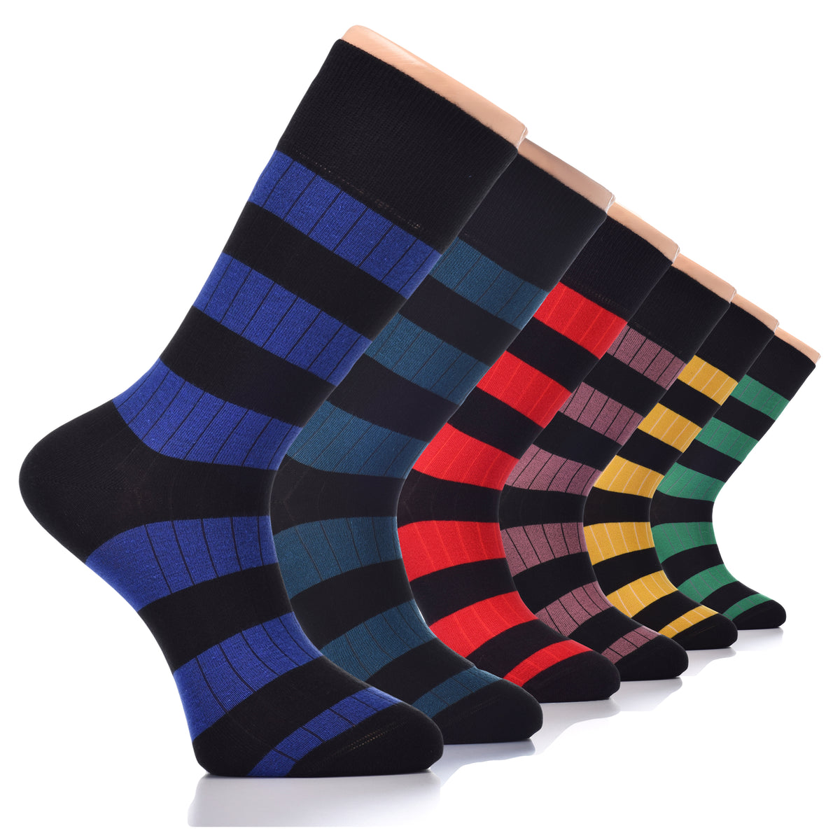 These Fancy Cotton Dress Crew socks come in six pairs of black, blue, red, green, and yellow stripes. Perfect for adding a pop of color to any outfit.