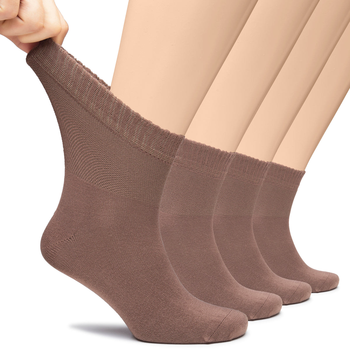 This image depicts a pair of brown socks on a man's feet. The socks are Men's Bamboo Diabetic Socks, designed for comfort and support.