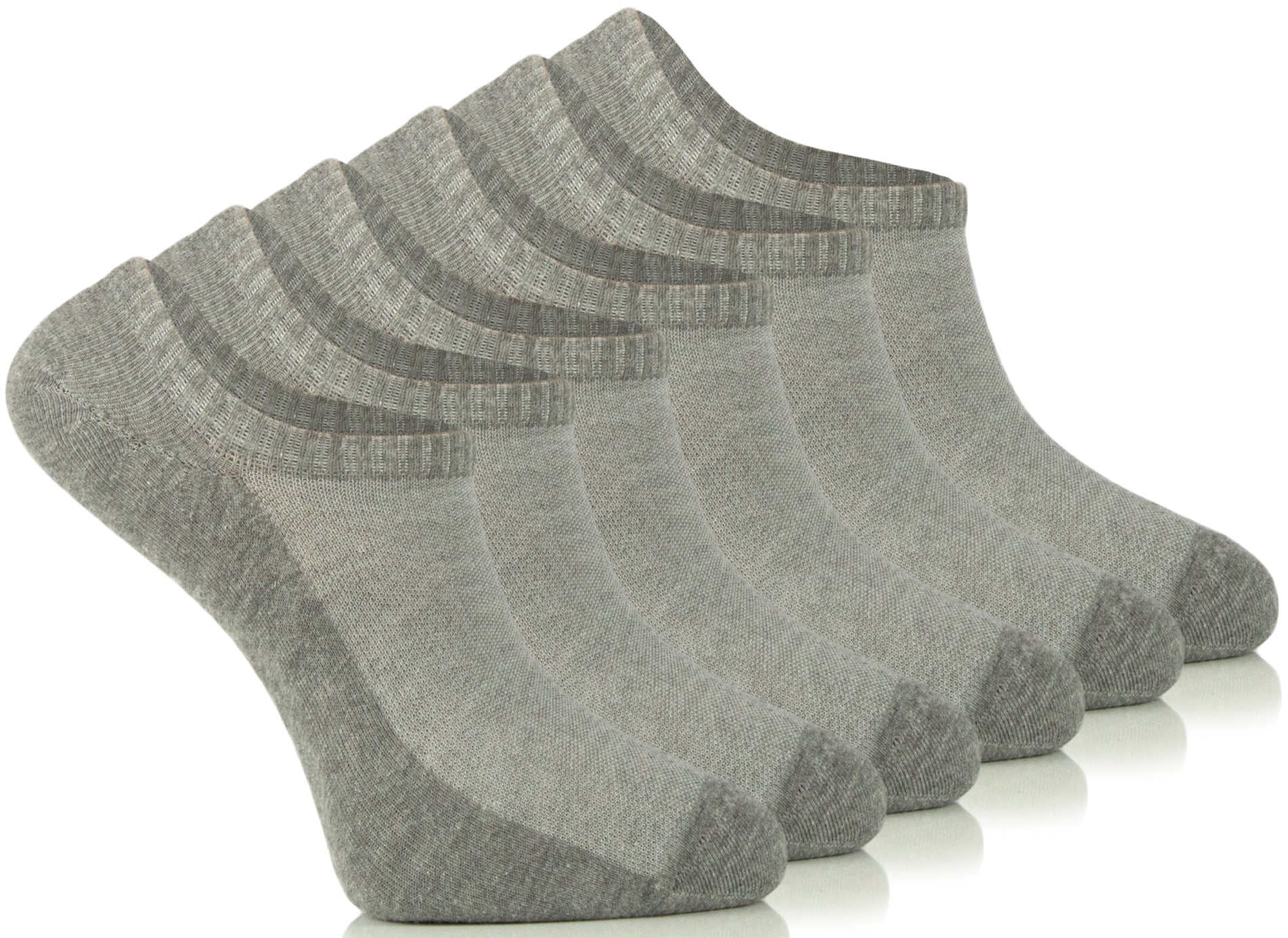 A collection of six pairs of Cotton No-Show Plain Socks in grey, neatly arranged on a white surface.