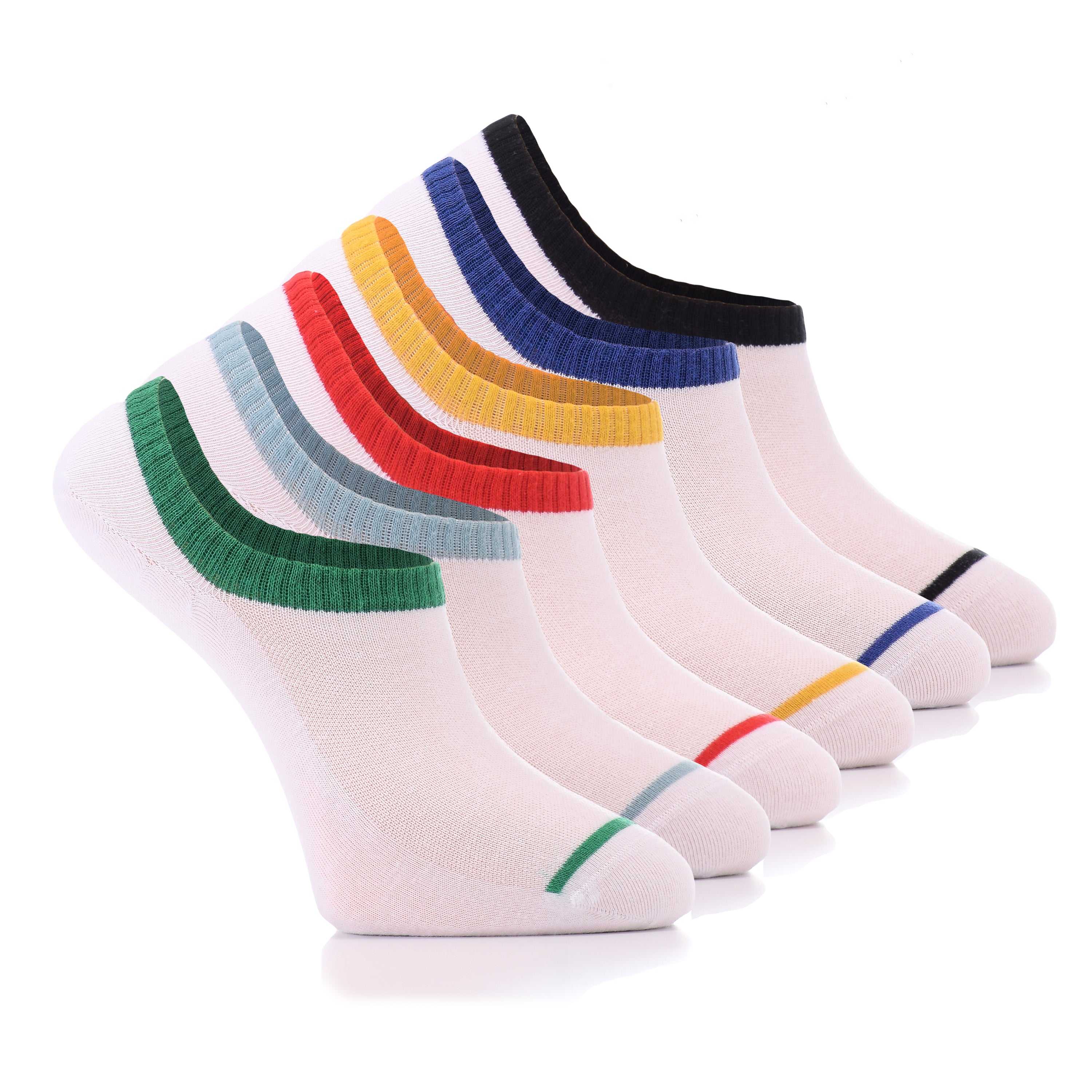These Patterned Cotton No-Show Men's Socks feature six white socks with colorful stripes, perfect for adding color to any outfit.